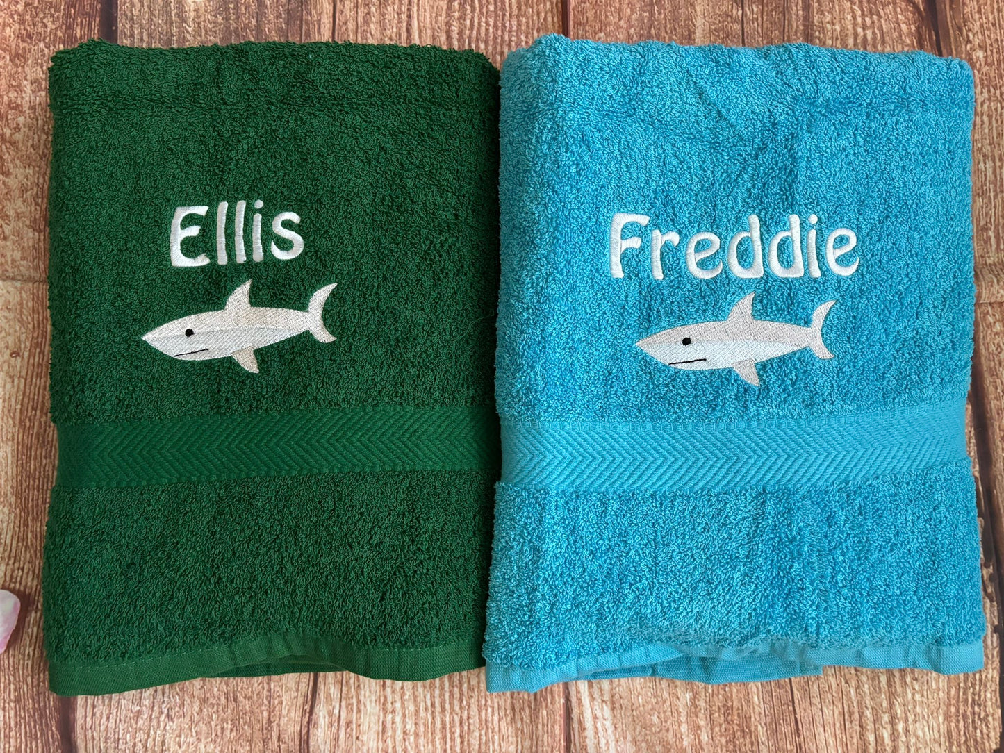 Personalised embroidered swimming or sports towel. Ideal gift // shark