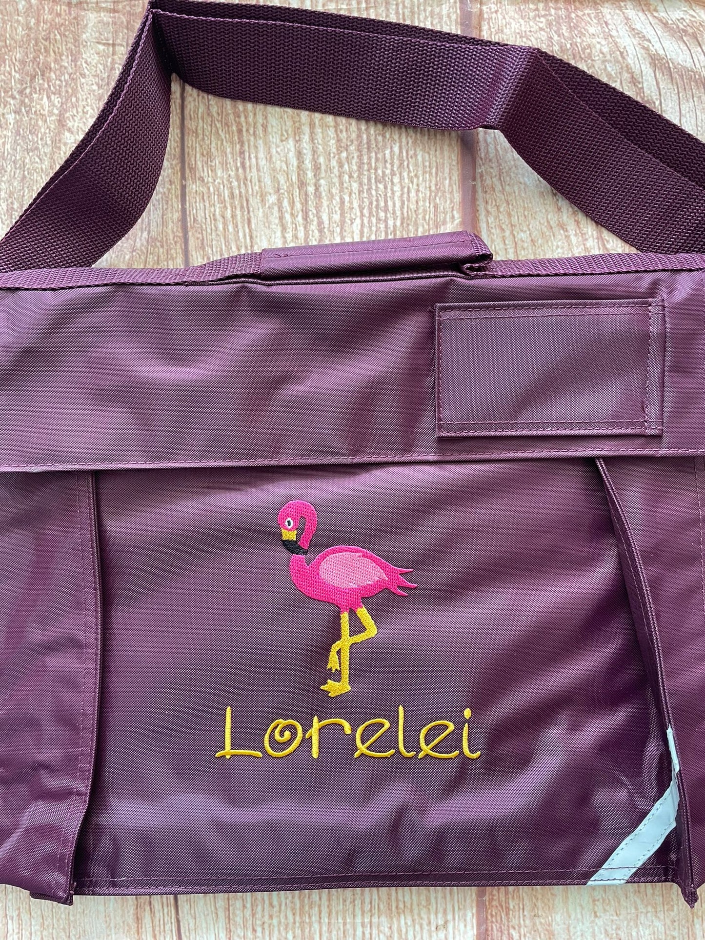 Embroidered Bookbag with strap - Flamingo