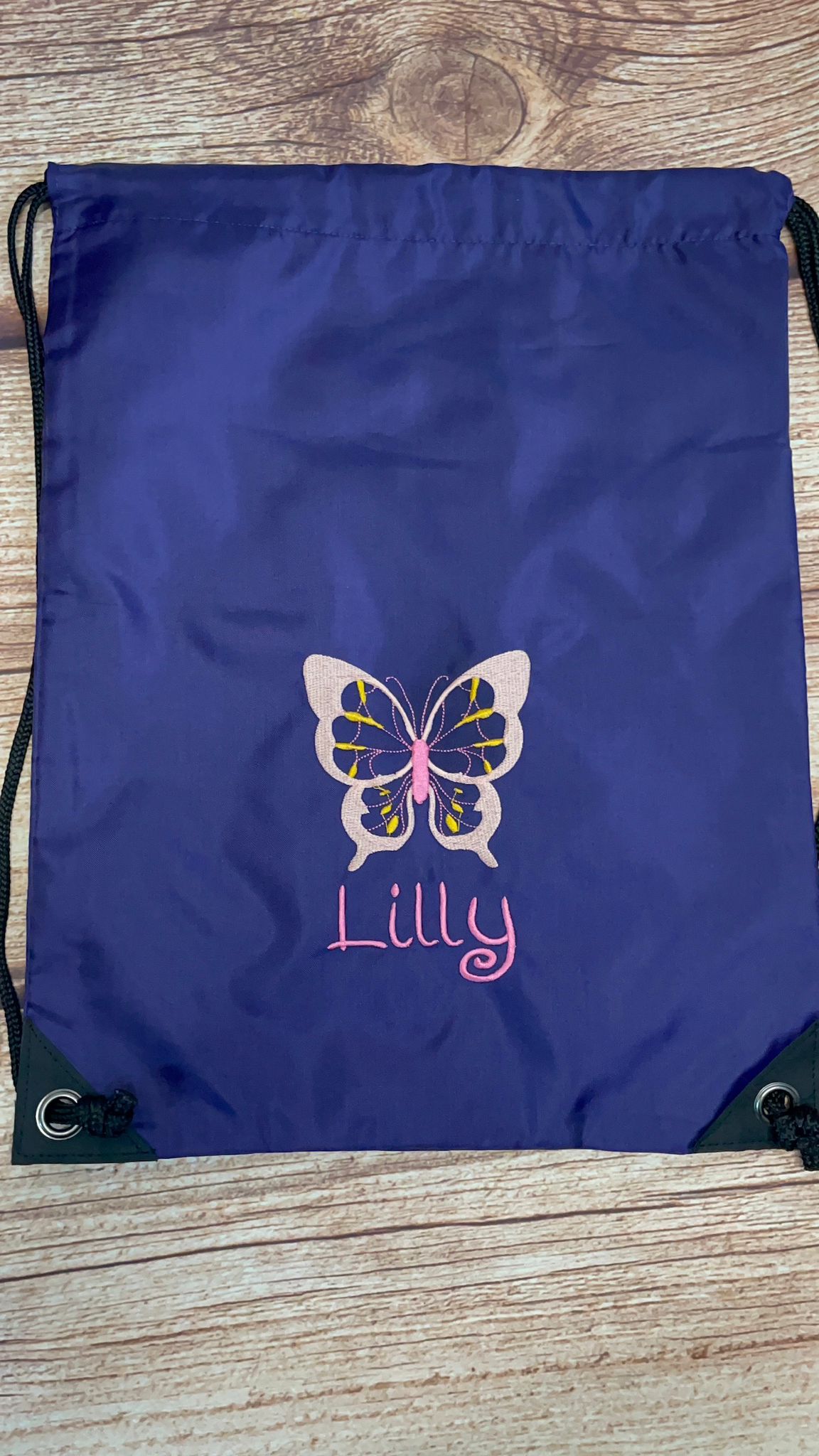 Embroidered Butterfly Personalised PE Bag, Kit Bag Drawstring Bag