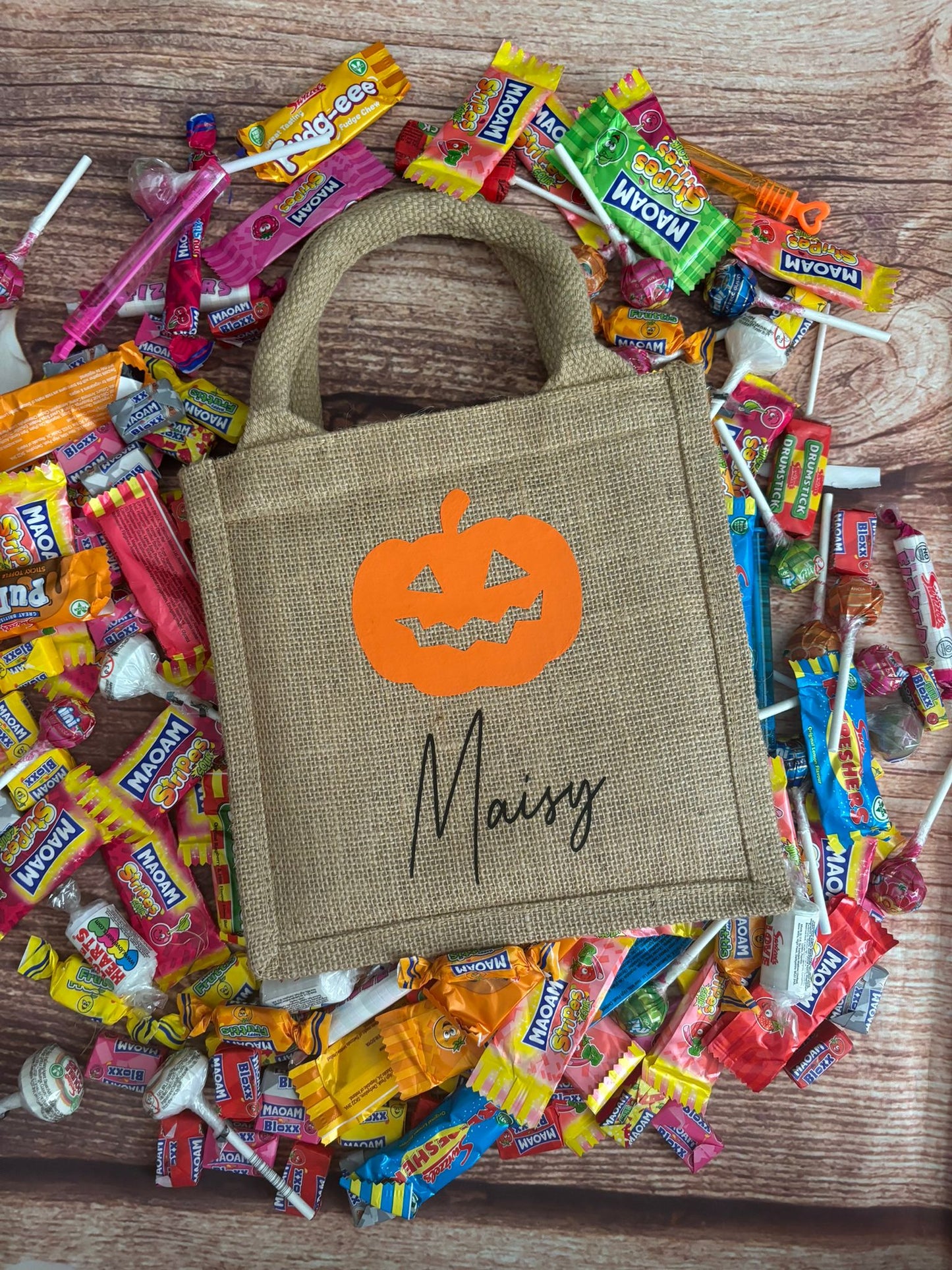 Halloween trick or treat bags personalised with name. Hessian tote jute bag.