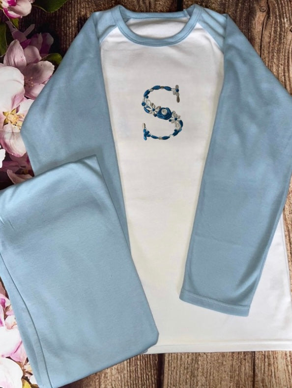 Personalised Pyjamas or onesies - Embroidered with floral initial. Gift for girls