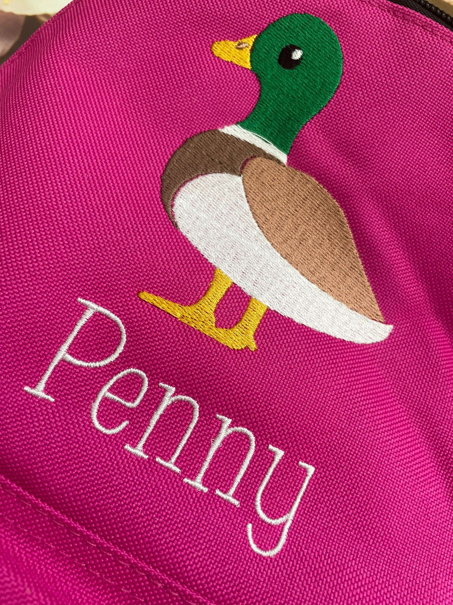 Personalised Nursery / Pre-School mini embroidered rucksack. Choice of colour bag. Childs small rucksack, Duck design.