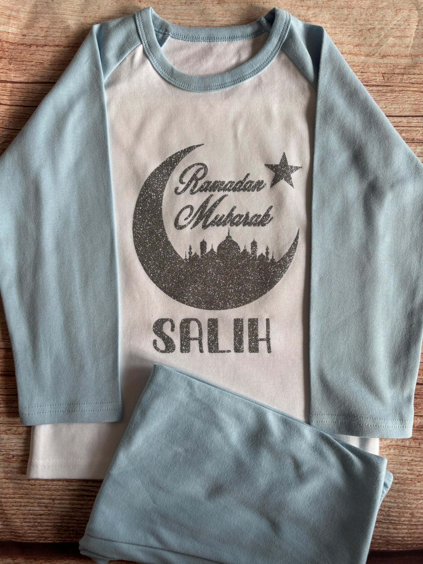 Ramadan Mubarak Personalised Printed Sparkly Pyjamas, choice of colours and sizes