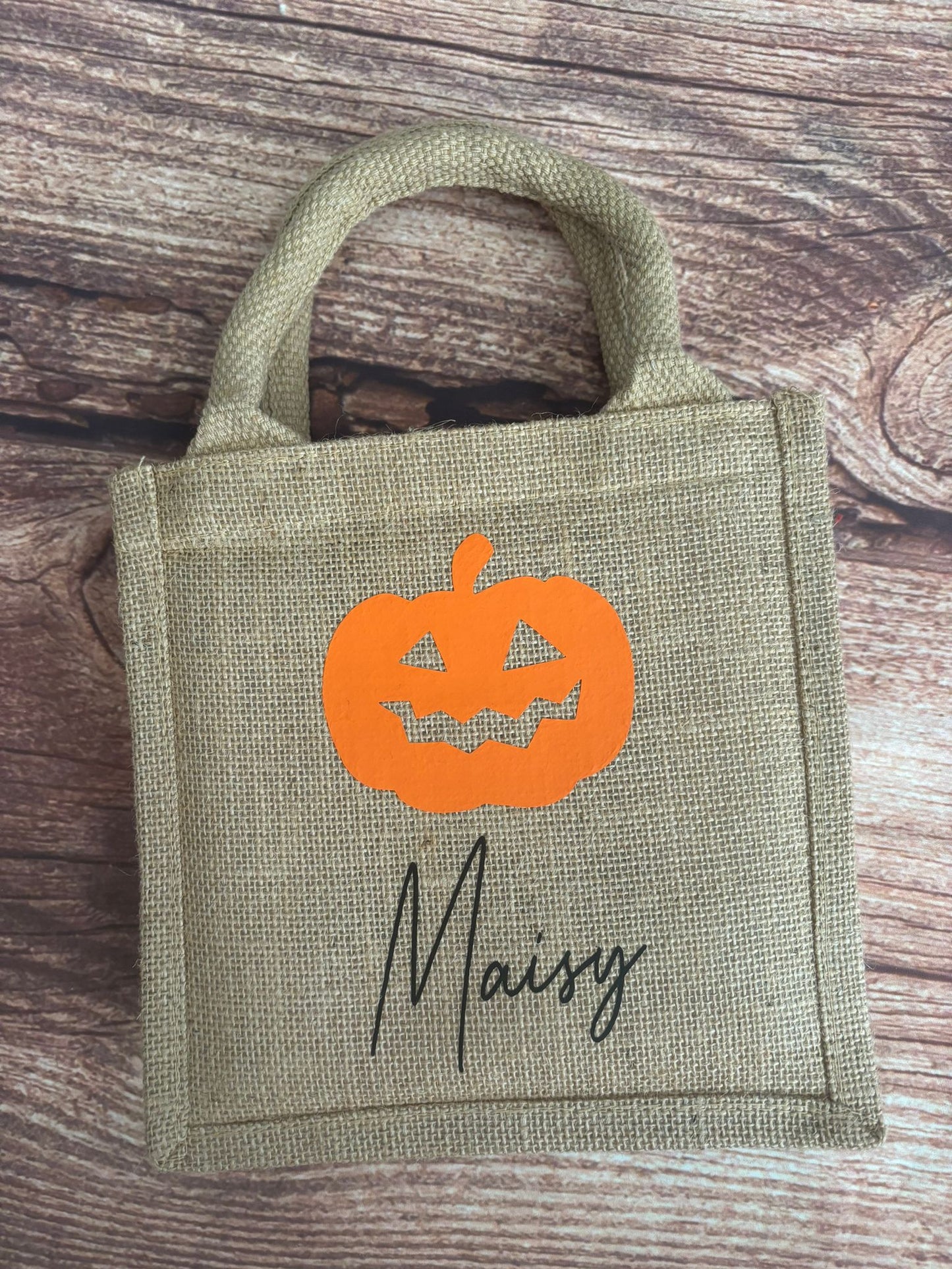 Halloween trick or treat bags personalised with name. Hessian tote jute bag.