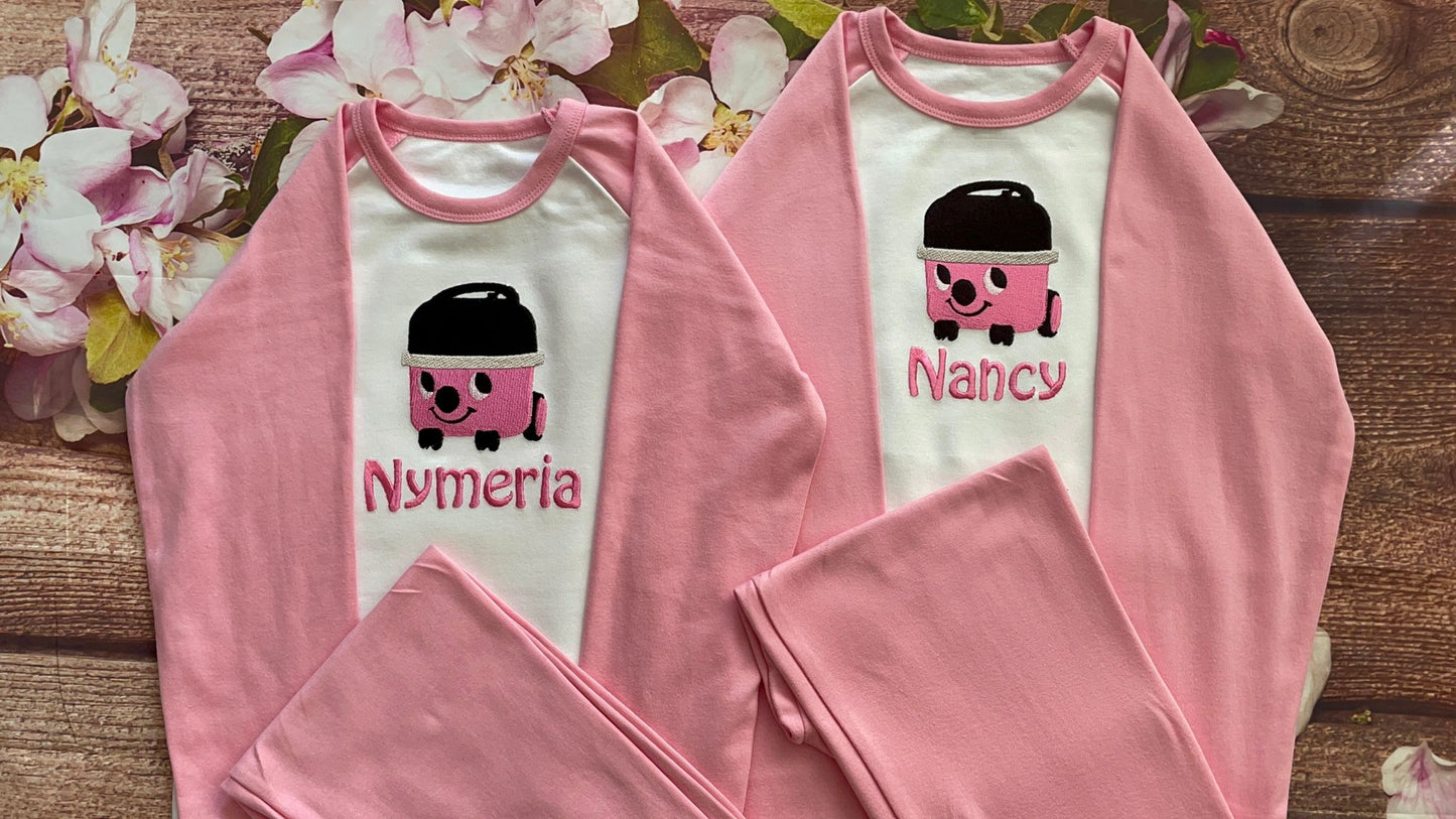 Personalised Pyjamas, embroidered with name & pink hoover design. Gift, keepsake, high quality, soft, PJ's