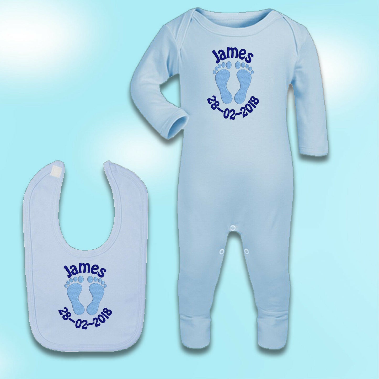Embroidered Personalised Sleepsuit / Babygrow / Bib - Footprint