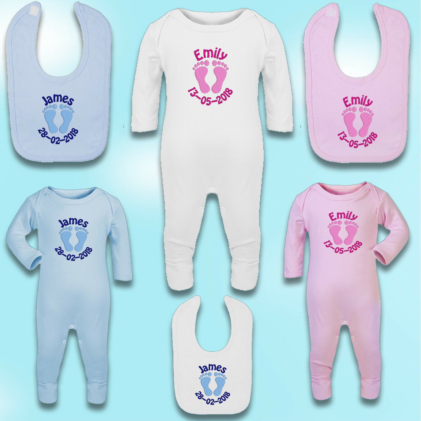 Embroidered Personalised Sleepsuit / Babygrow / Bib - Footprint