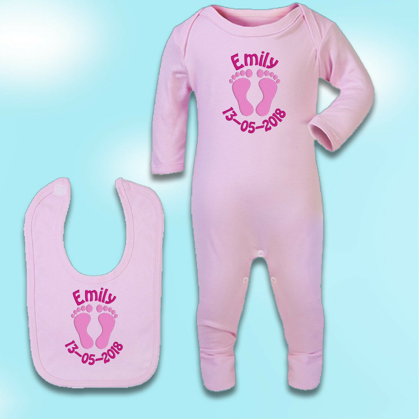 Embroidered Personalised Sleepsuit / Babygrow / Bib - Footprint