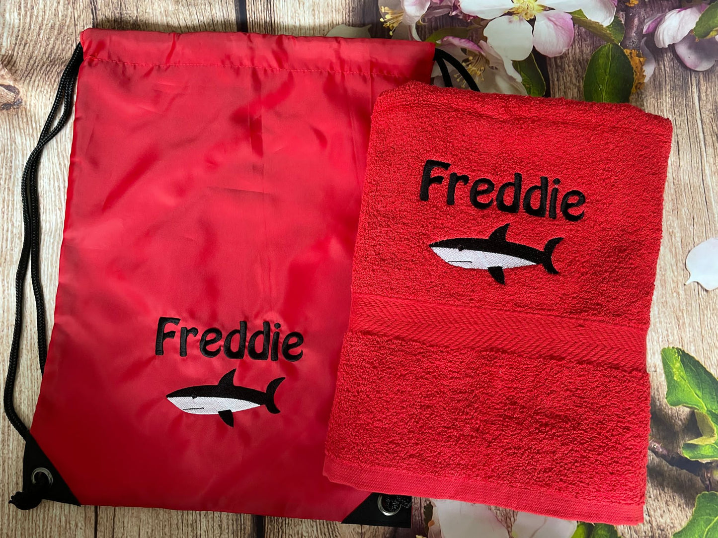 Embroidered swimming towel and bag set personalised shark design