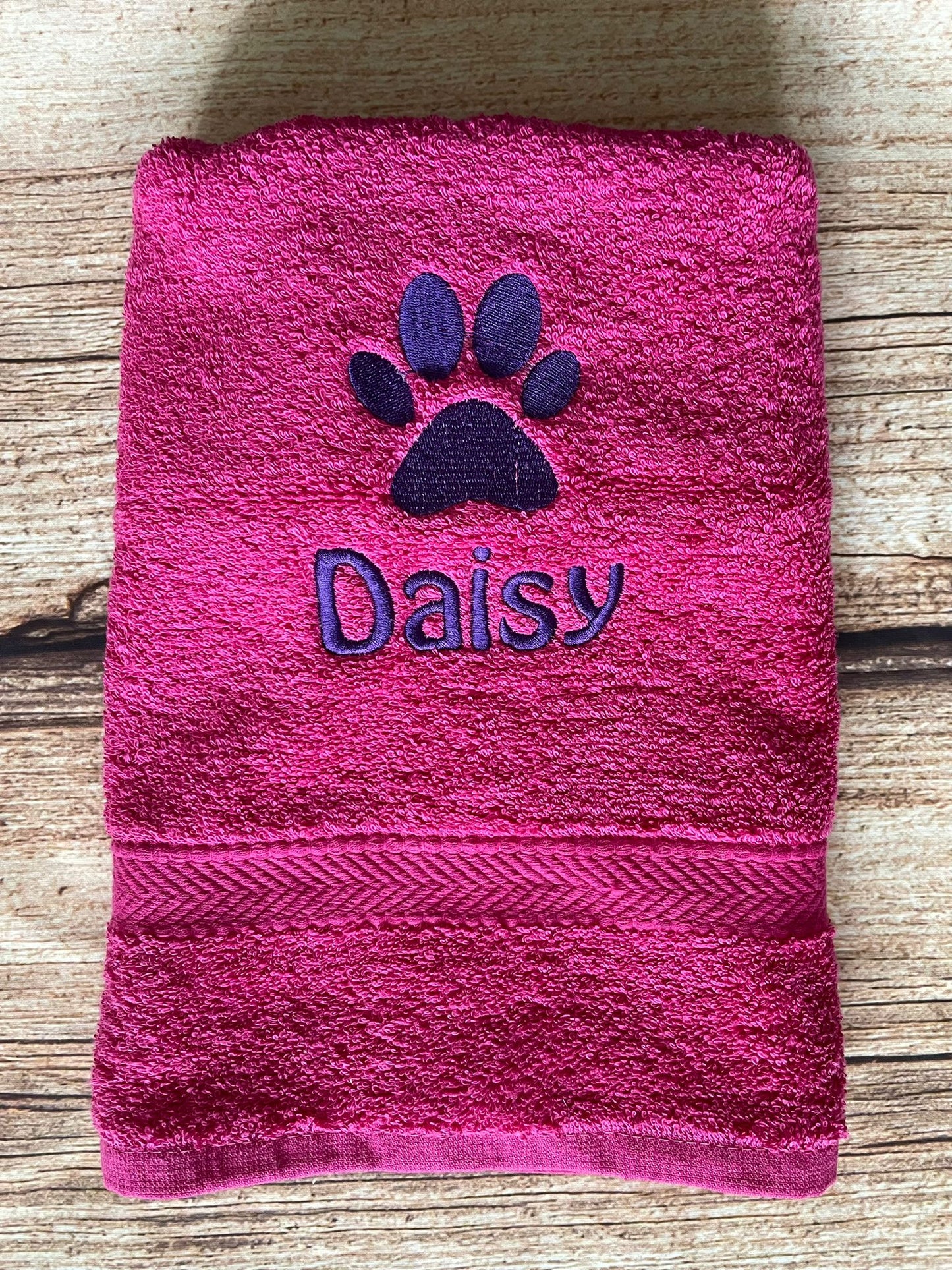 Small Dog towel, personalised with embroidered paw print and pet name.