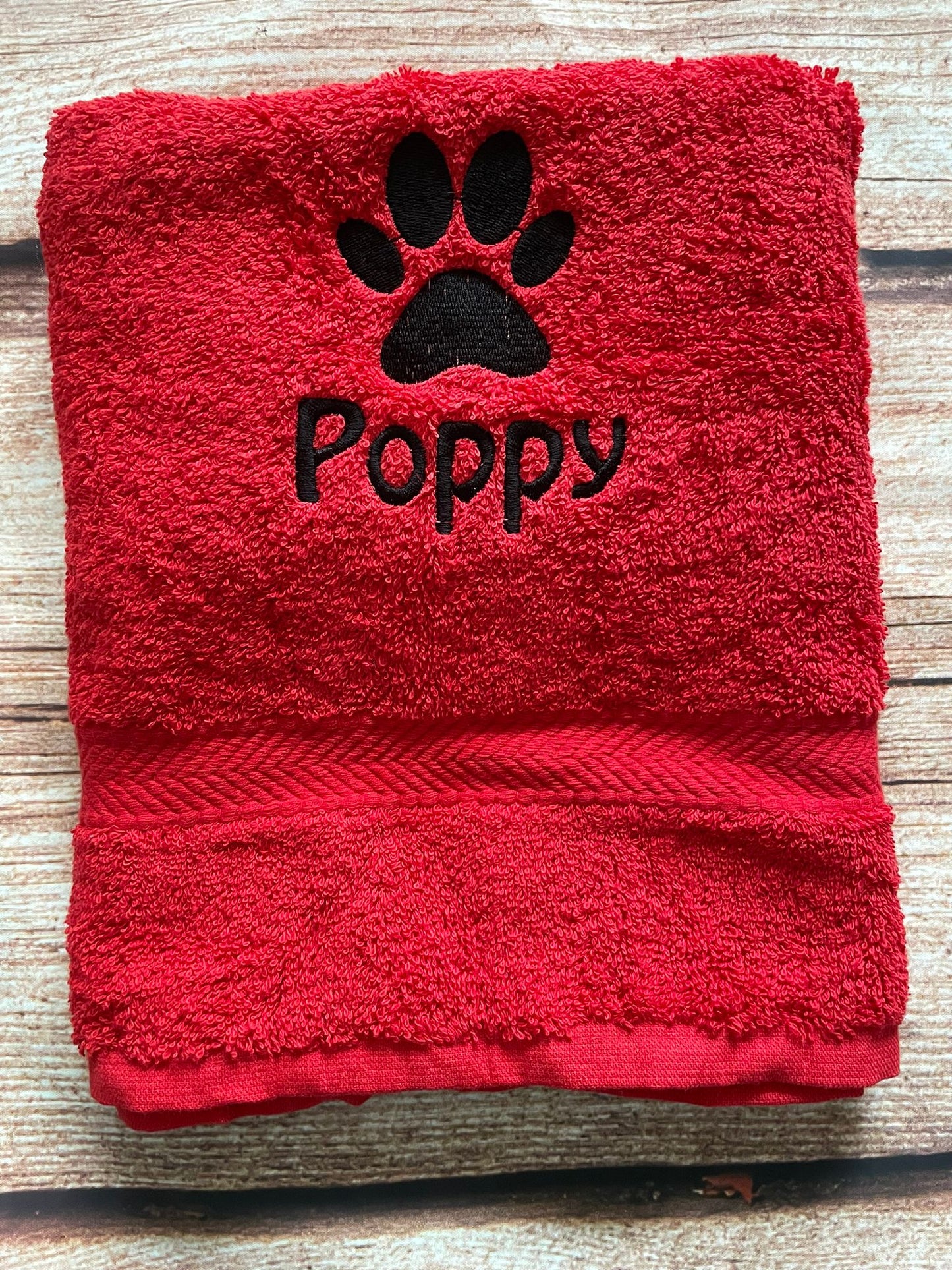 Small Dog towel, personalised with embroidered paw print and pet name.