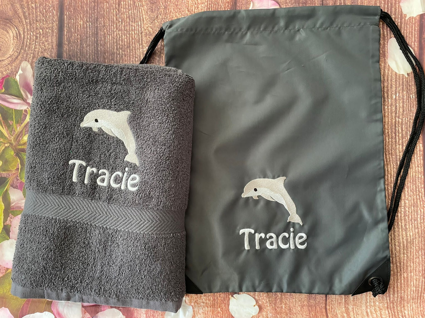 Embroidered swimming towel and bag set personalised dolphin design