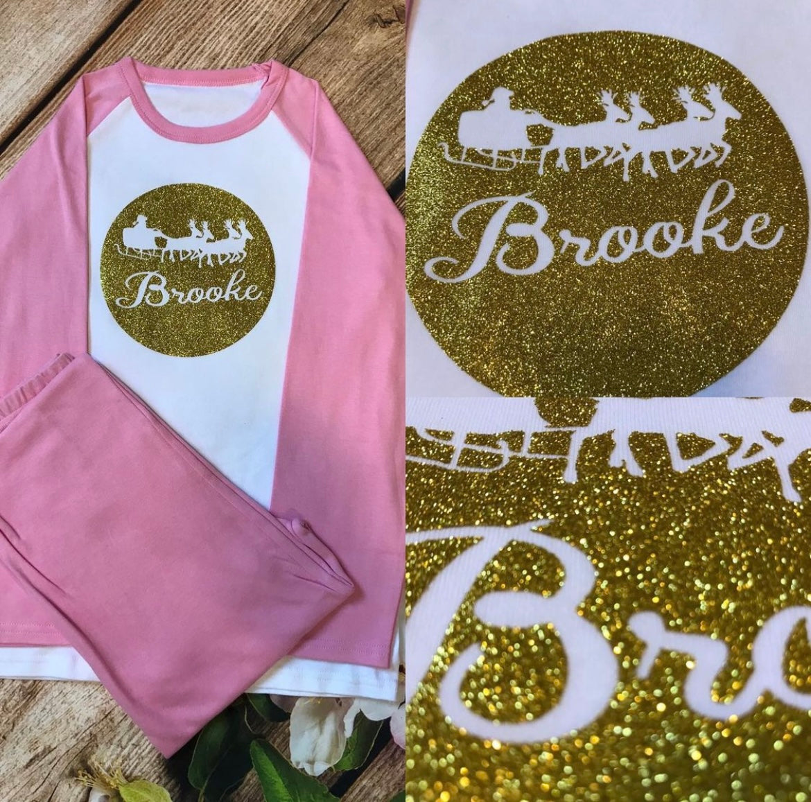 Christmas pyjamas personalised with sparkly name. Matching, Gift, keepsake, high quality, soft, PJ's - Sleigh