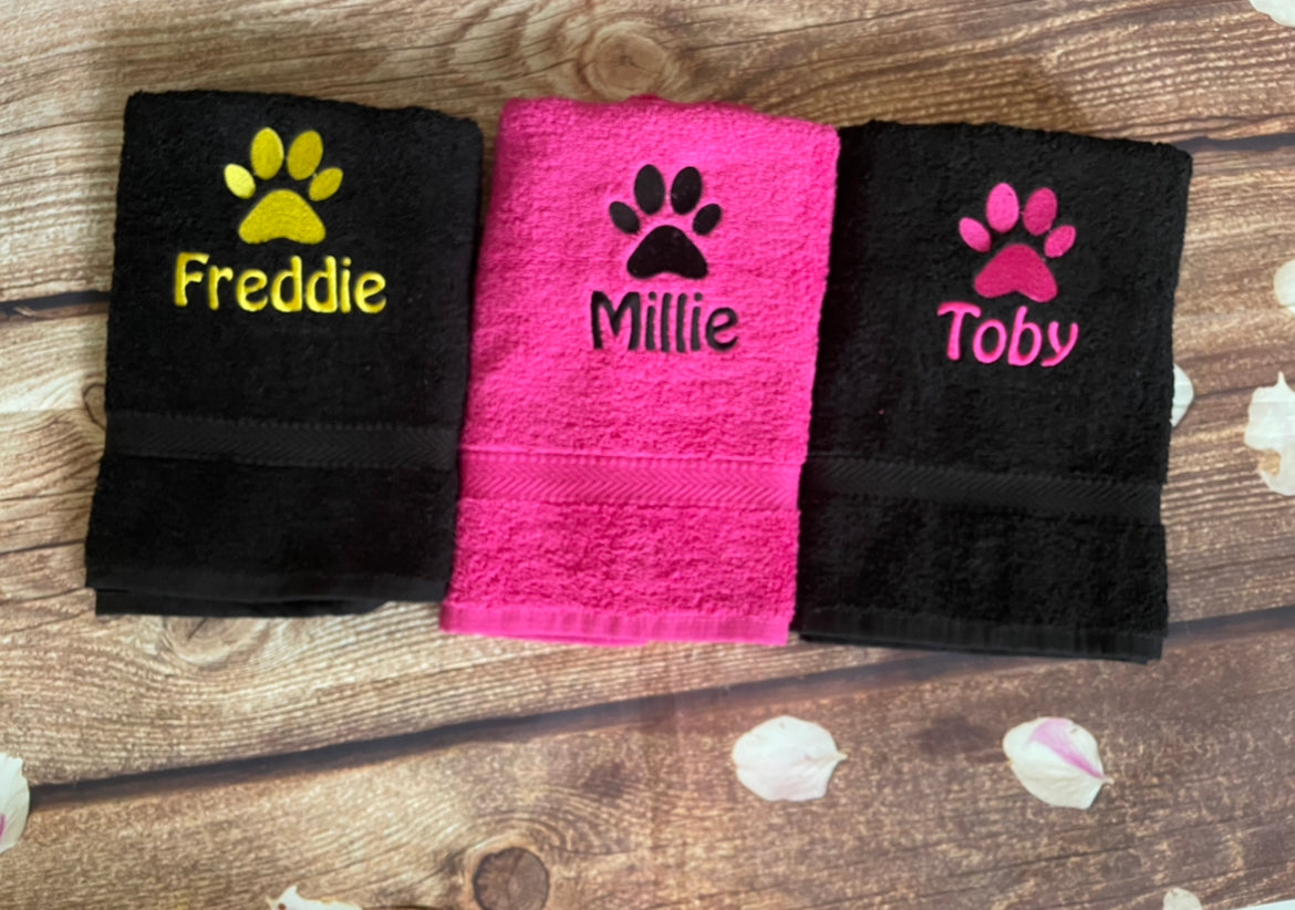 Small Dog towel, personalised with embroidered paw print and pet name.
