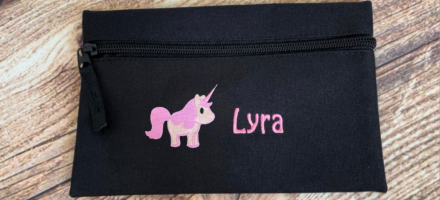 Pencil case personalised with embroidered name and choice of motif