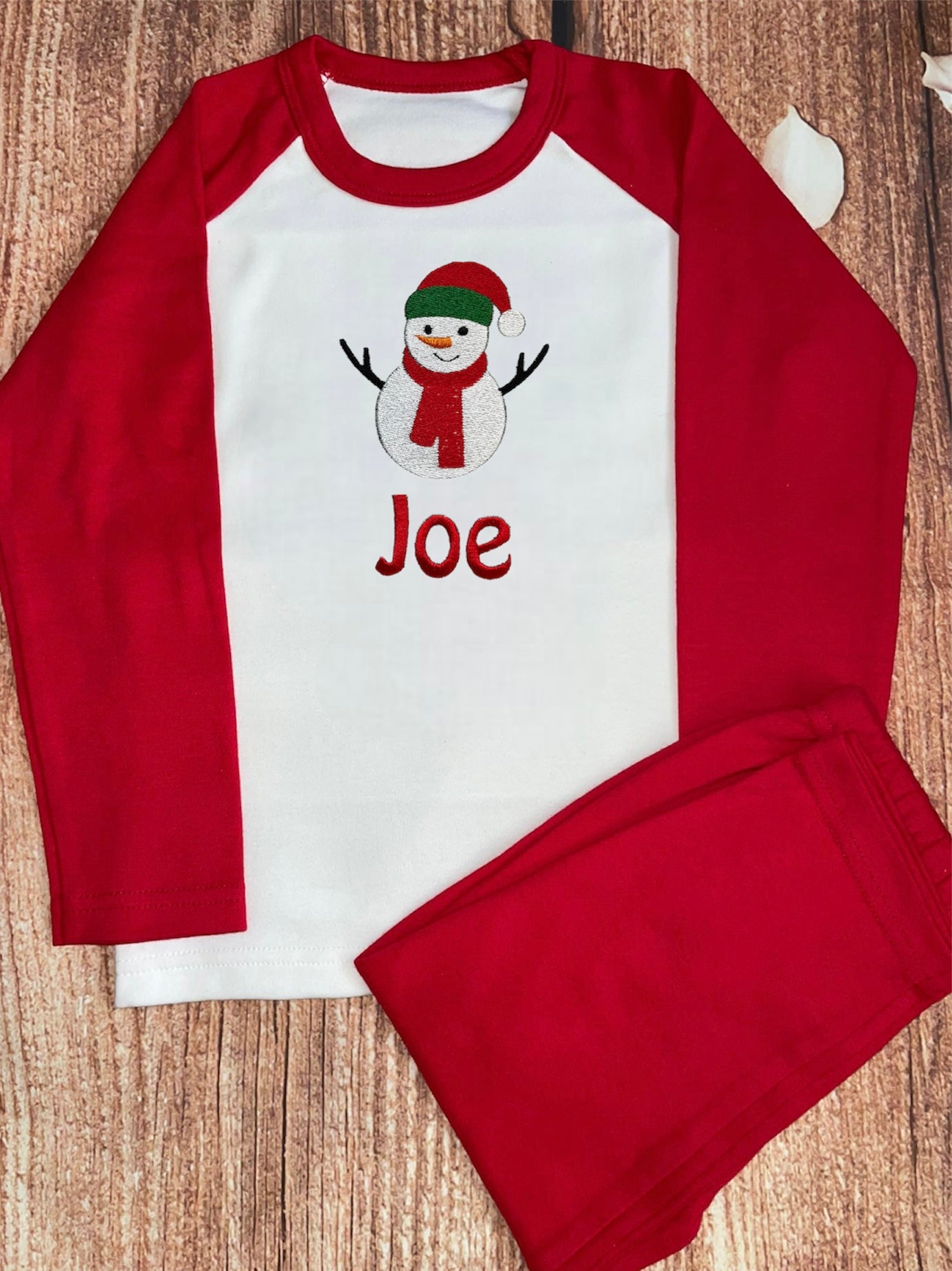 Snowman Christmas pyjamas, embroidered & personalised with name. Matching, keepsake, high quality, soft, PJ's