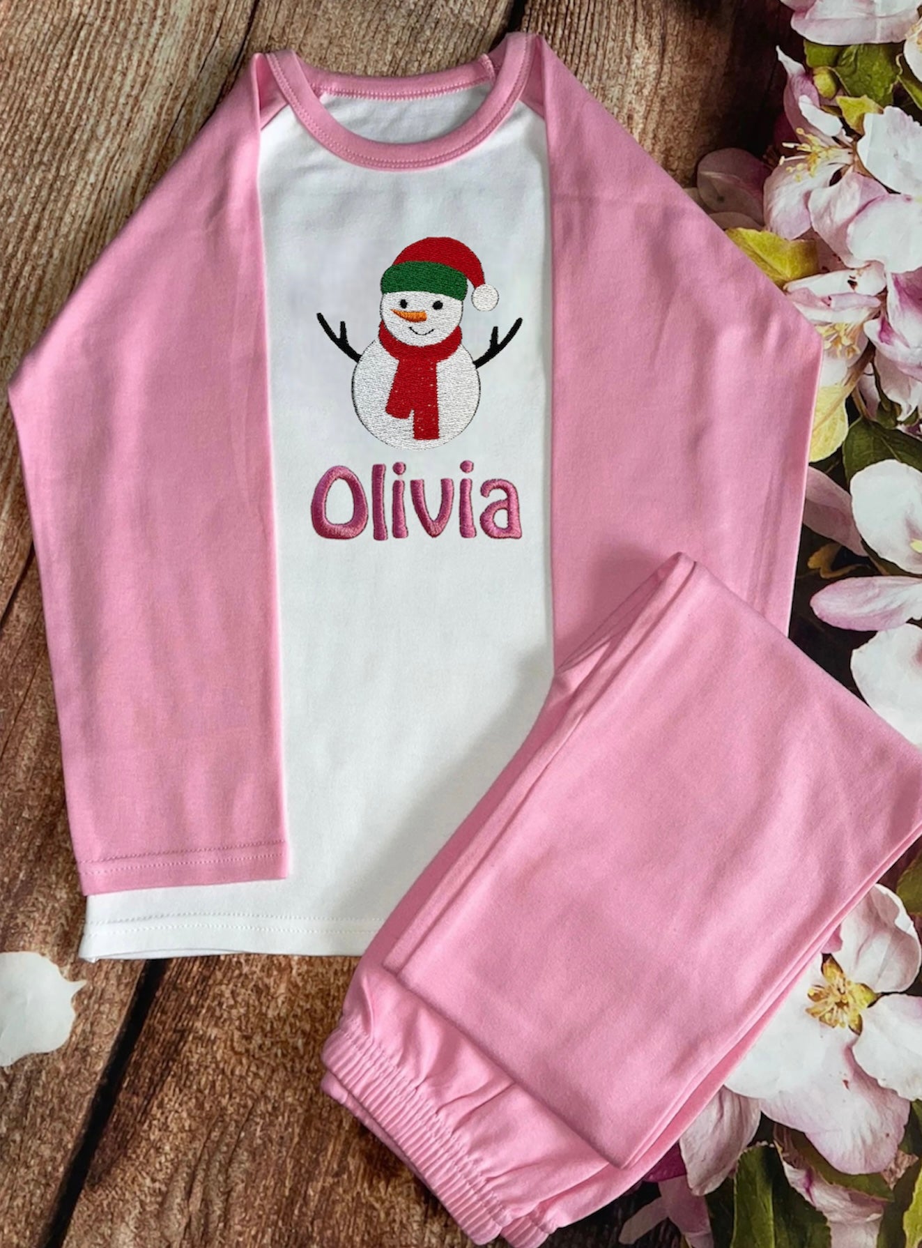 Snowman Christmas pyjamas, embroidered & personalised with name. Matching, keepsake, high quality, soft, PJ's