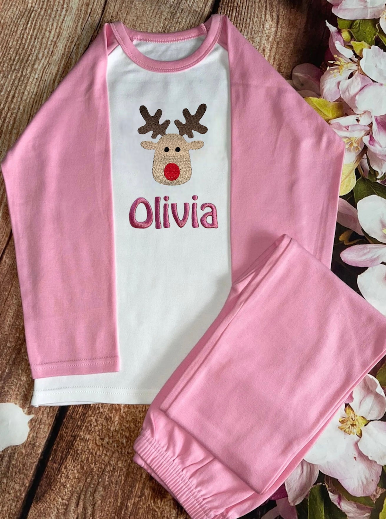 Rudolf Christmas pyjamas, embroidered & personalised with name. Matching, Gift, keepsake, high quality, soft, PJ's
