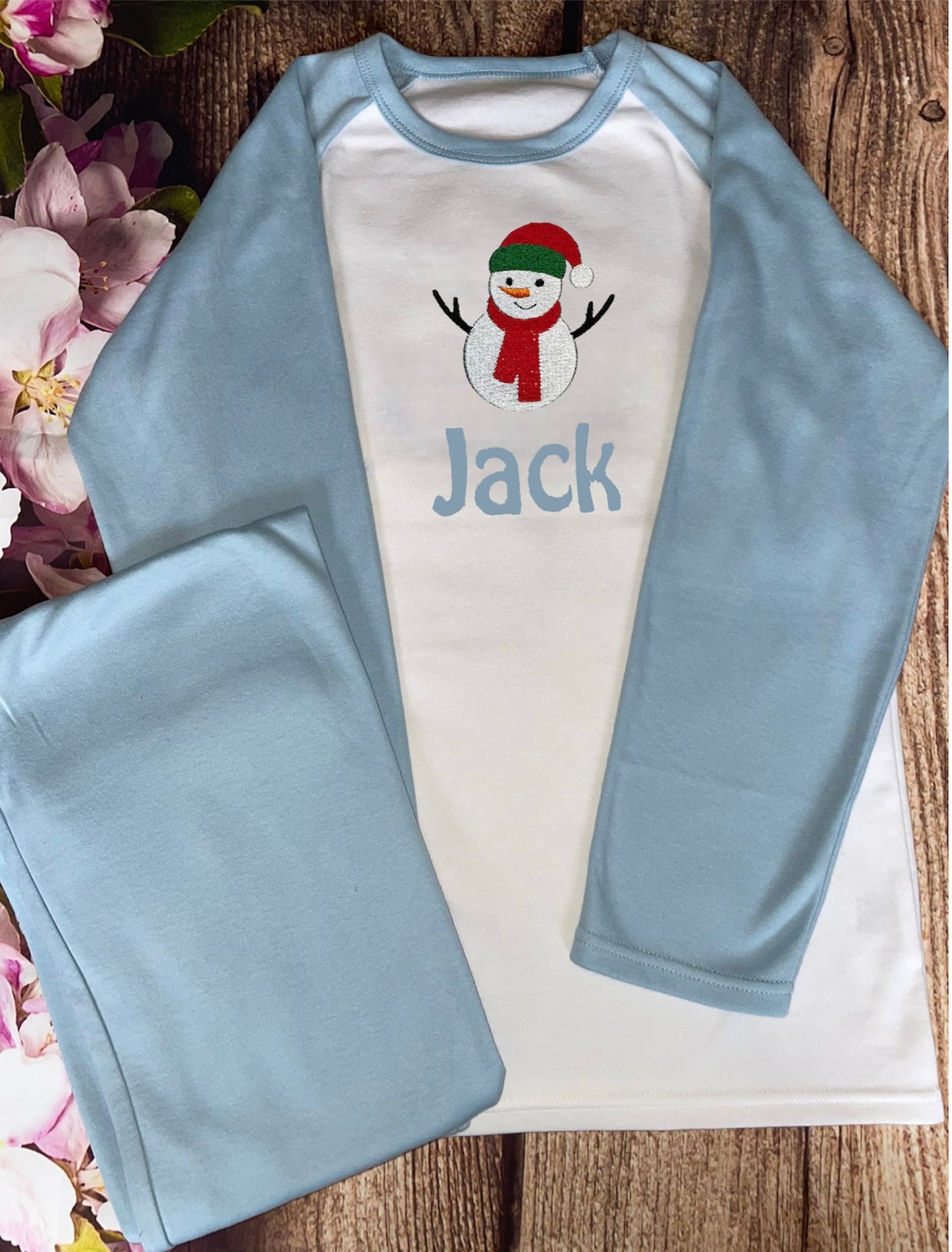 Snowman Christmas pyjamas, embroidered & personalised with name. Matching, keepsake, high quality, soft, PJ's