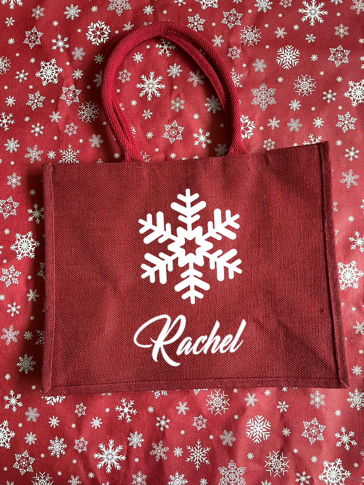 Large hessian / jute personalised Christmas tote bag. Gift or shopping bag, choice of designs.
