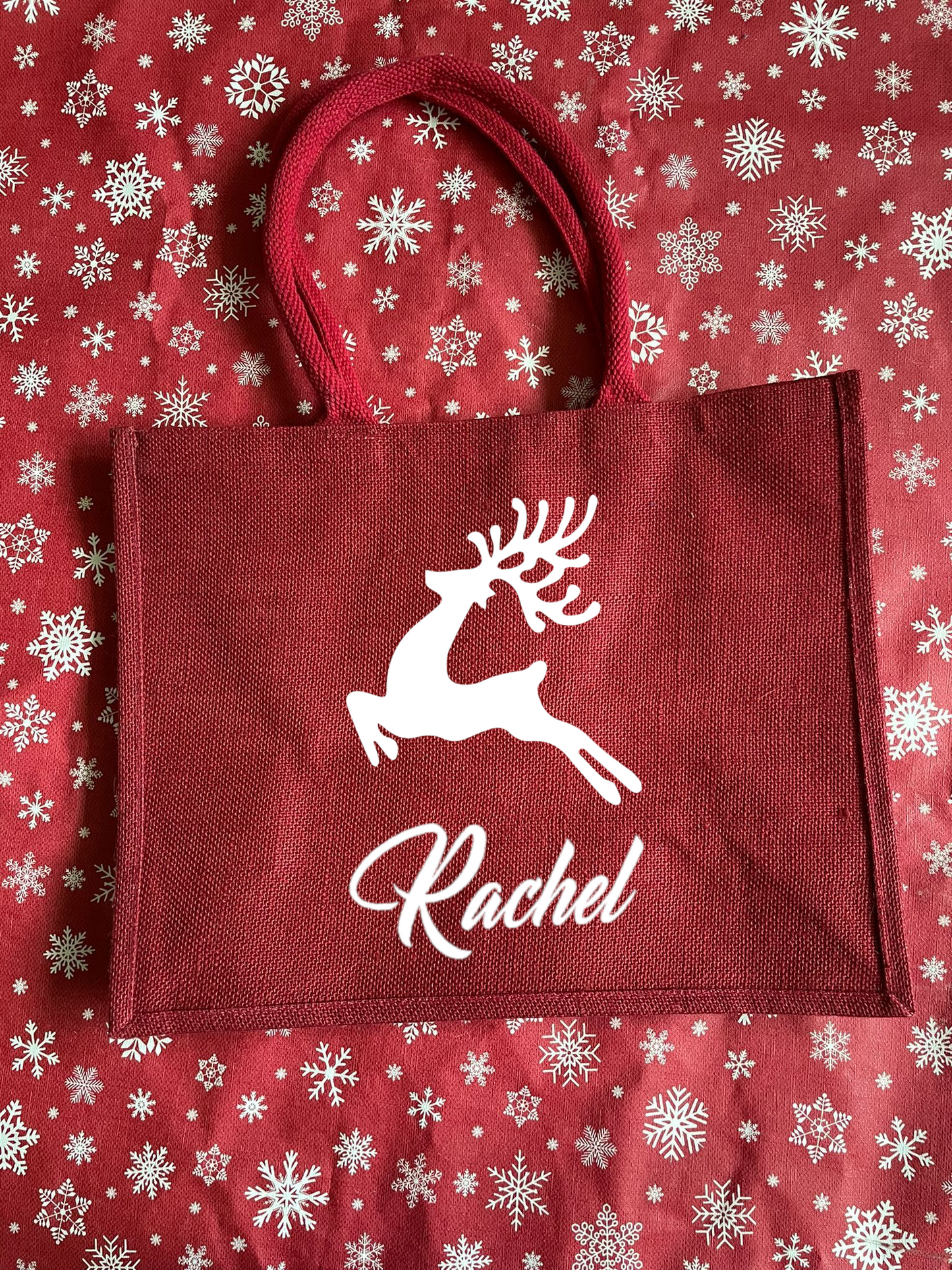 Large hessian / jute personalised Christmas tote bag. Gift or shopping bag, choice of designs.