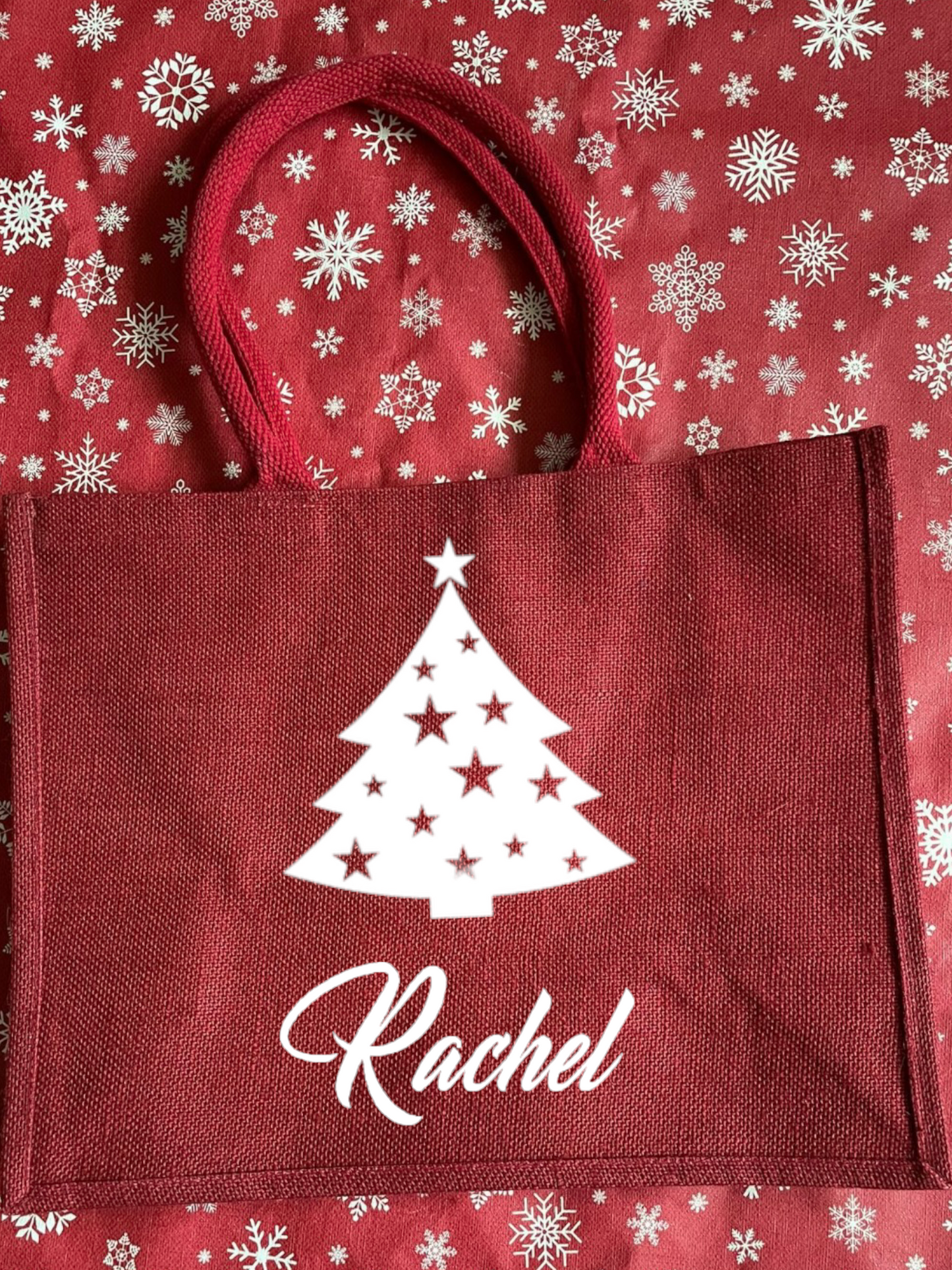 Large hessian / jute personalised Christmas tote bag. Gift or shopping bag, choice of designs.