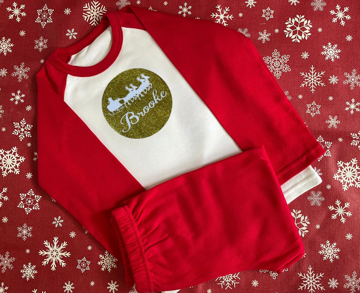Christmas pyjamas personalised with sparkly name. Matching, Gift, keepsake, high quality, soft, PJ's - Sleigh