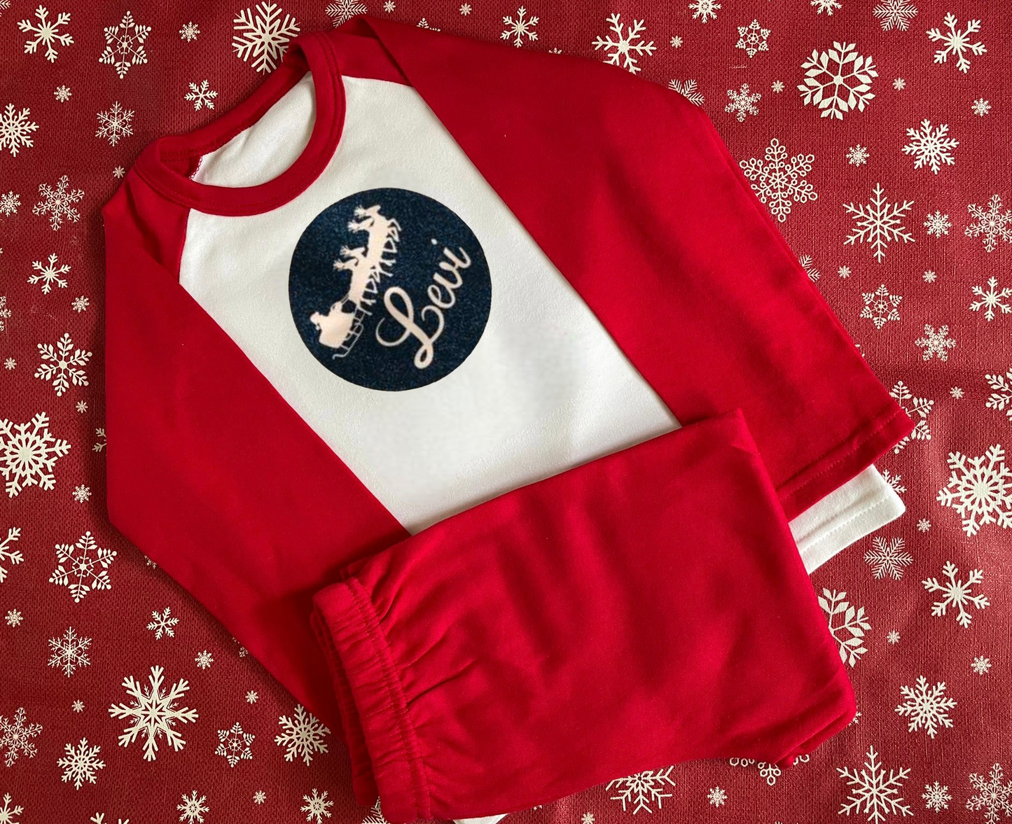 Christmas pyjamas personalised with sparkly name. Matching, Gift, keepsake, high quality, soft, PJ's - Sleigh