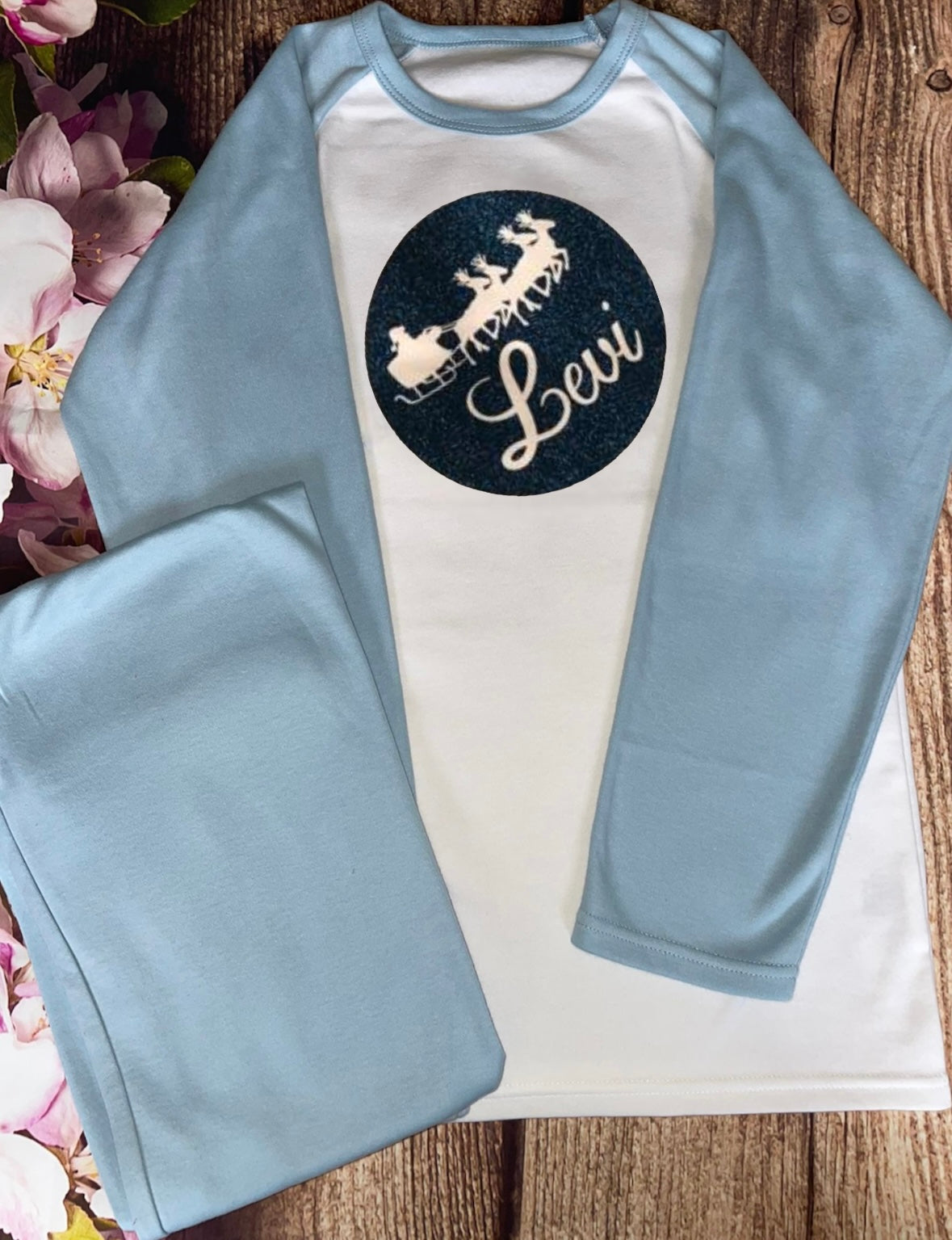 Christmas pyjamas personalised with sparkly name. Matching, Gift, keepsake, high quality, soft, PJ's - Sleigh