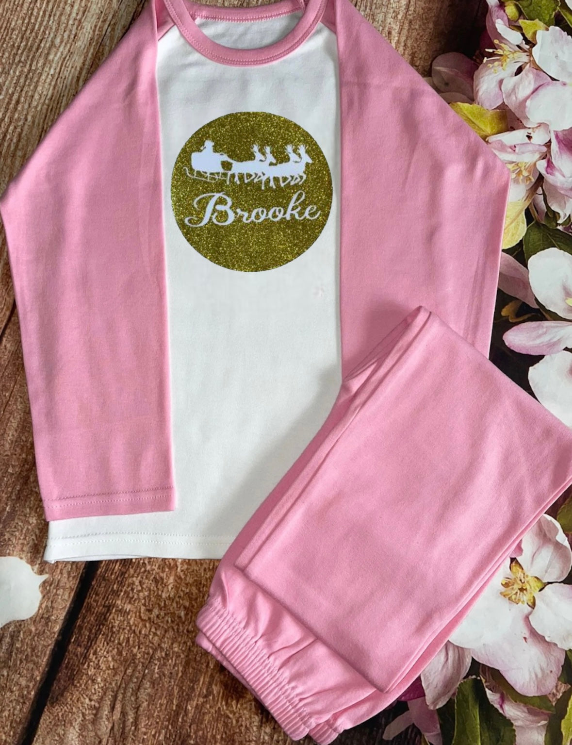 Christmas pyjamas personalised with sparkly name. Matching, Gift, keepsake, high quality, soft, PJ's - Sleigh