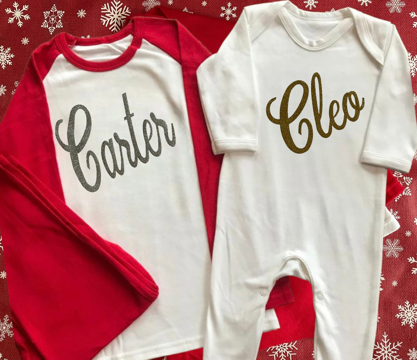 Christmas pyjamas personalised with sparkly name. Matching, Gift, keepsake, high quality, soft, PJ's