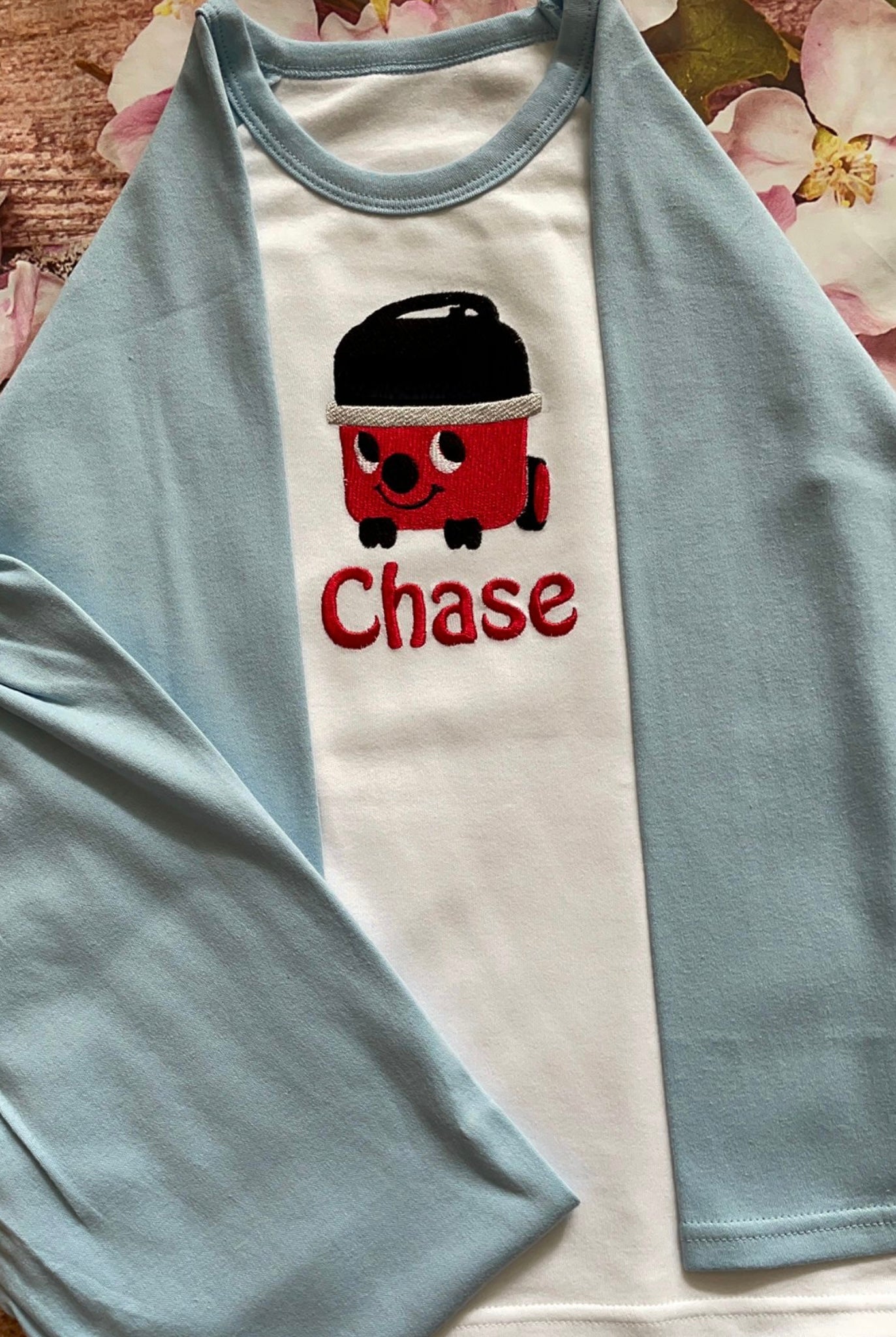 Personalised Pyjamas, embroidered with name & red hoover design. Gift, keepsake, high quality, soft, PJ's