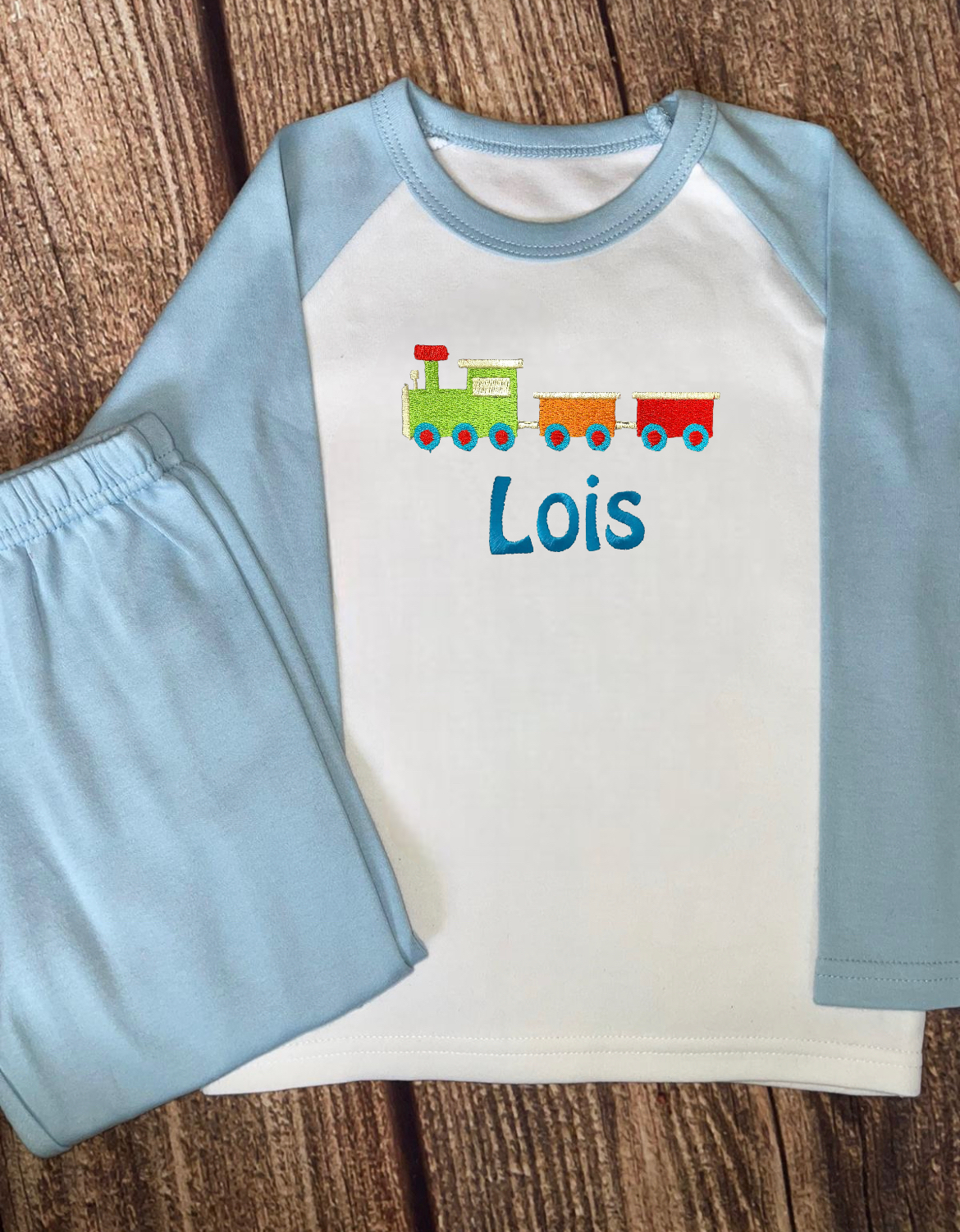 Personalised Pyjamas, embroidered with name & choice of transport design. Gift, keepsake, high quality, soft, PJ's