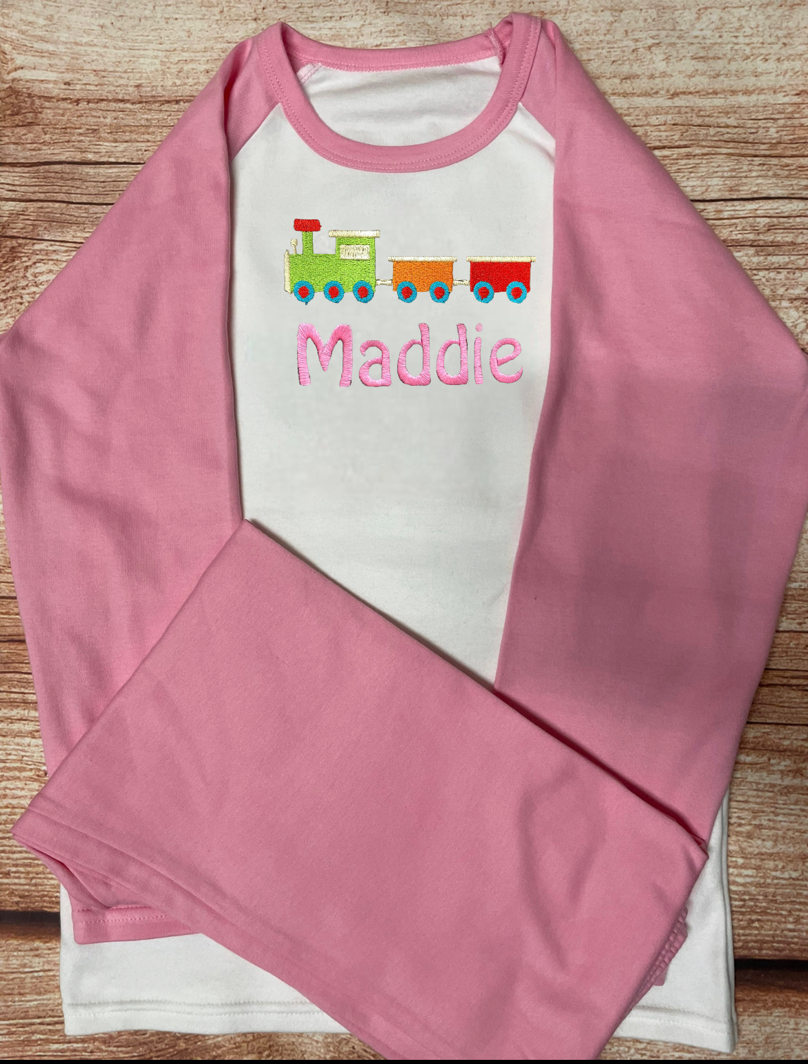 Personalised Pyjamas, embroidered with name & choice of transport design. Gift, keepsake, high quality, soft, PJ's