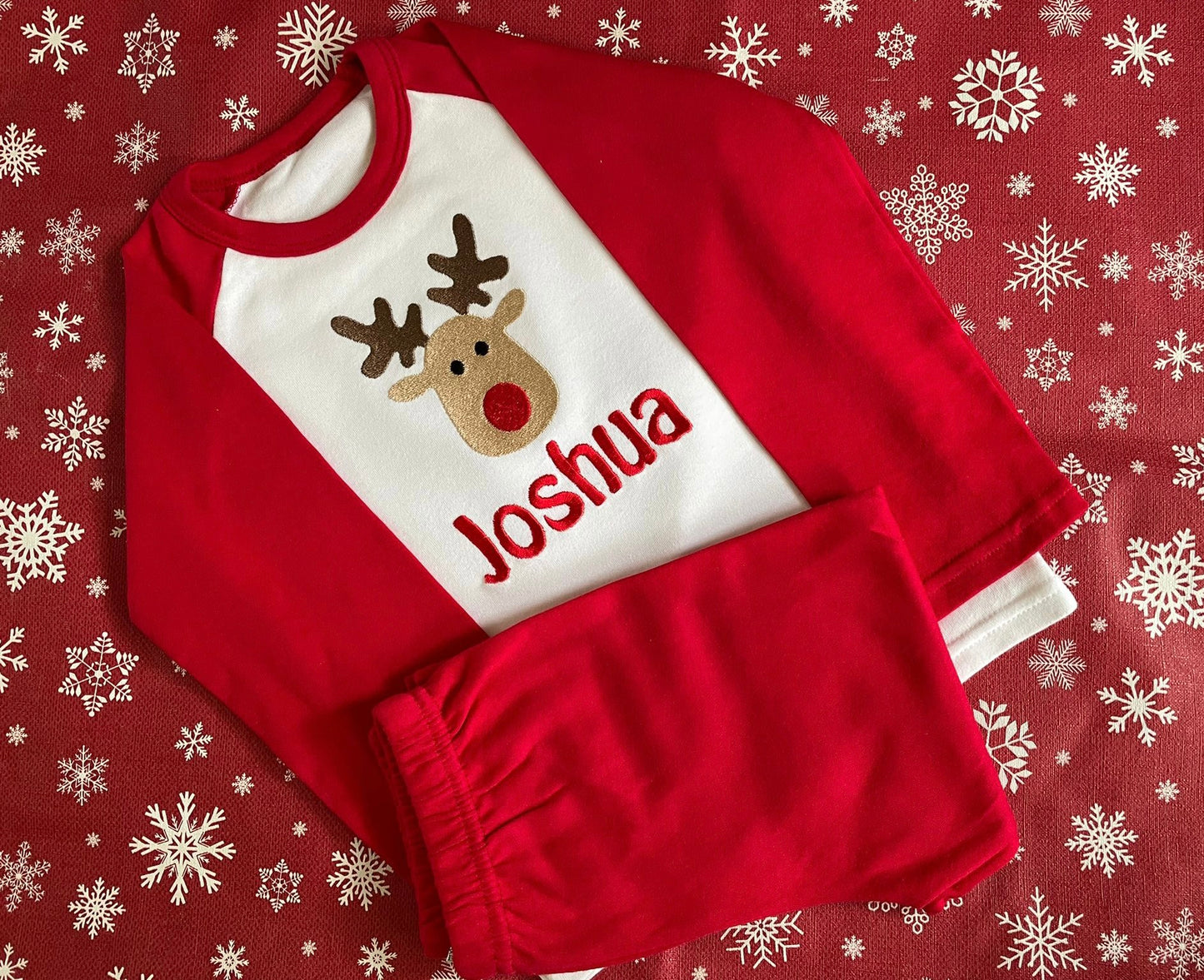 Rudolf Christmas pyjamas, embroidered & personalised with name. Matching, Gift, keepsake, high quality, soft, PJ's