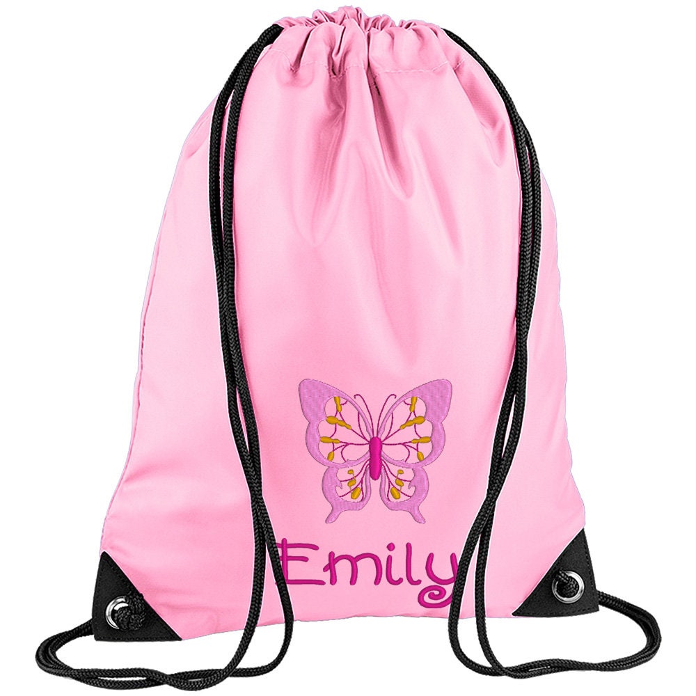 Embroidered Butterfly Personalised PE Bag, Kit Bag Drawstring Bag