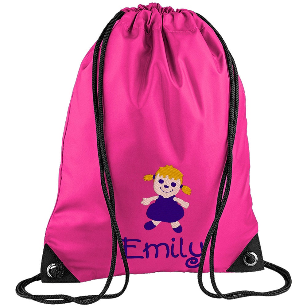 Embroidered Doll Personalised PE Bag, Kit Bag Drawstring Bag