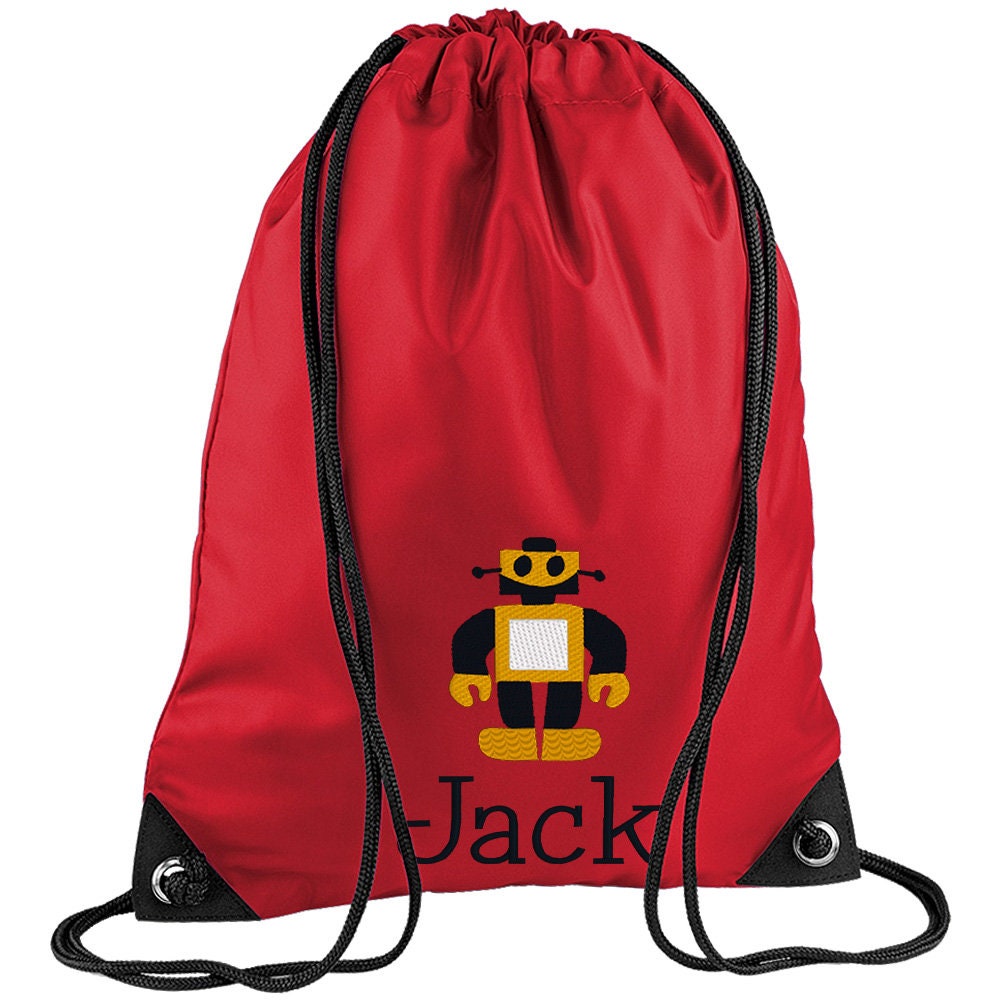 Embroidered Robot Personalised PE Bag, Kit Bag Drawstring Bag
