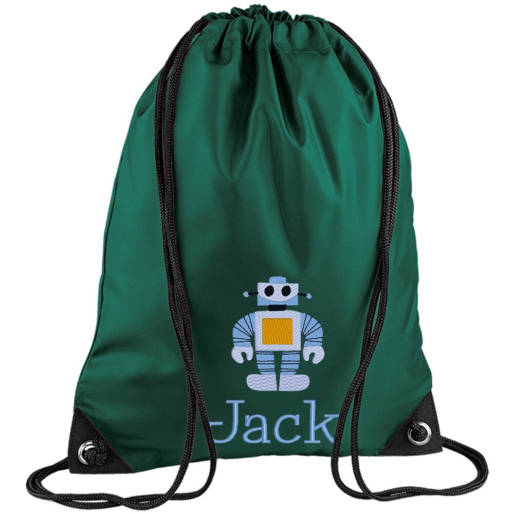 Embroidered Robot Personalised PE Bag, Kit Bag Drawstring Bag