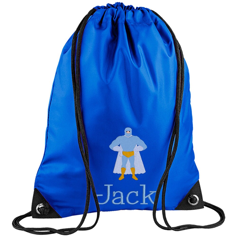 Embroidered Superhero Standing Personalised PE Bag, Kit Bag Drawstring Bag