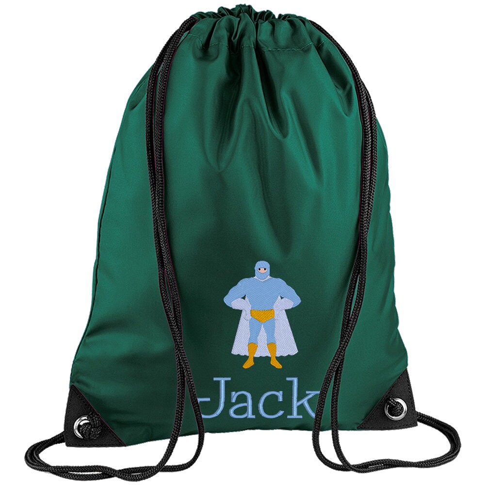 Embroidered Superhero Standing Personalised PE Bag, Kit Bag Drawstring Bag