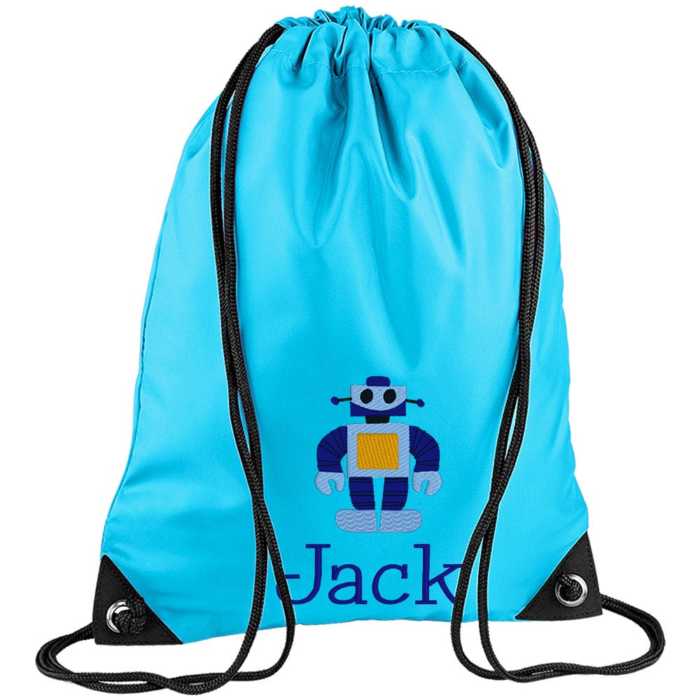 Embroidered Robot Personalised PE Bag, Kit Bag Drawstring Bag