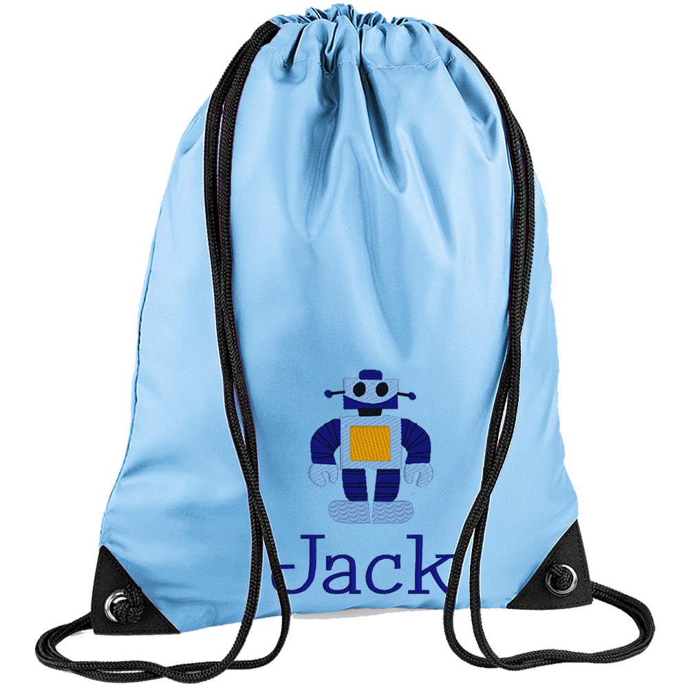 Embroidered Robot Personalised PE Bag, Kit Bag Drawstring Bag