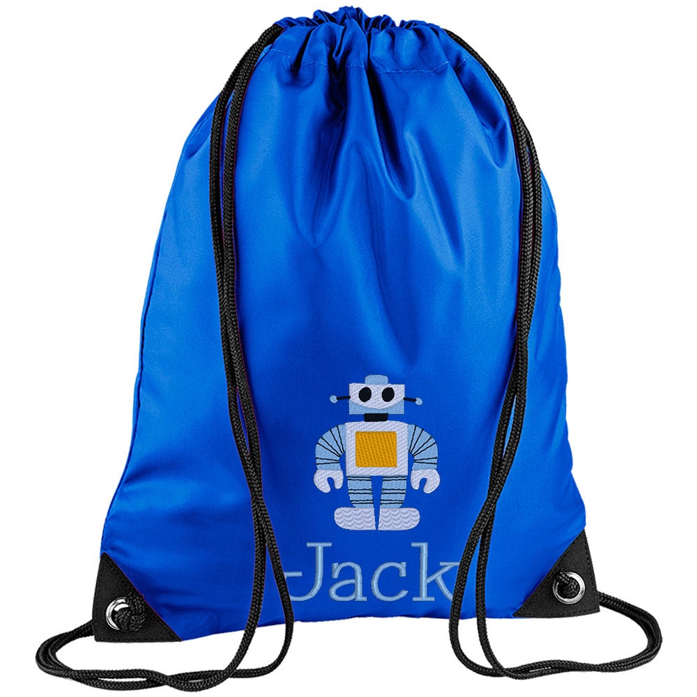 Embroidered Robot Personalised PE Bag, Kit Bag Drawstring Bag