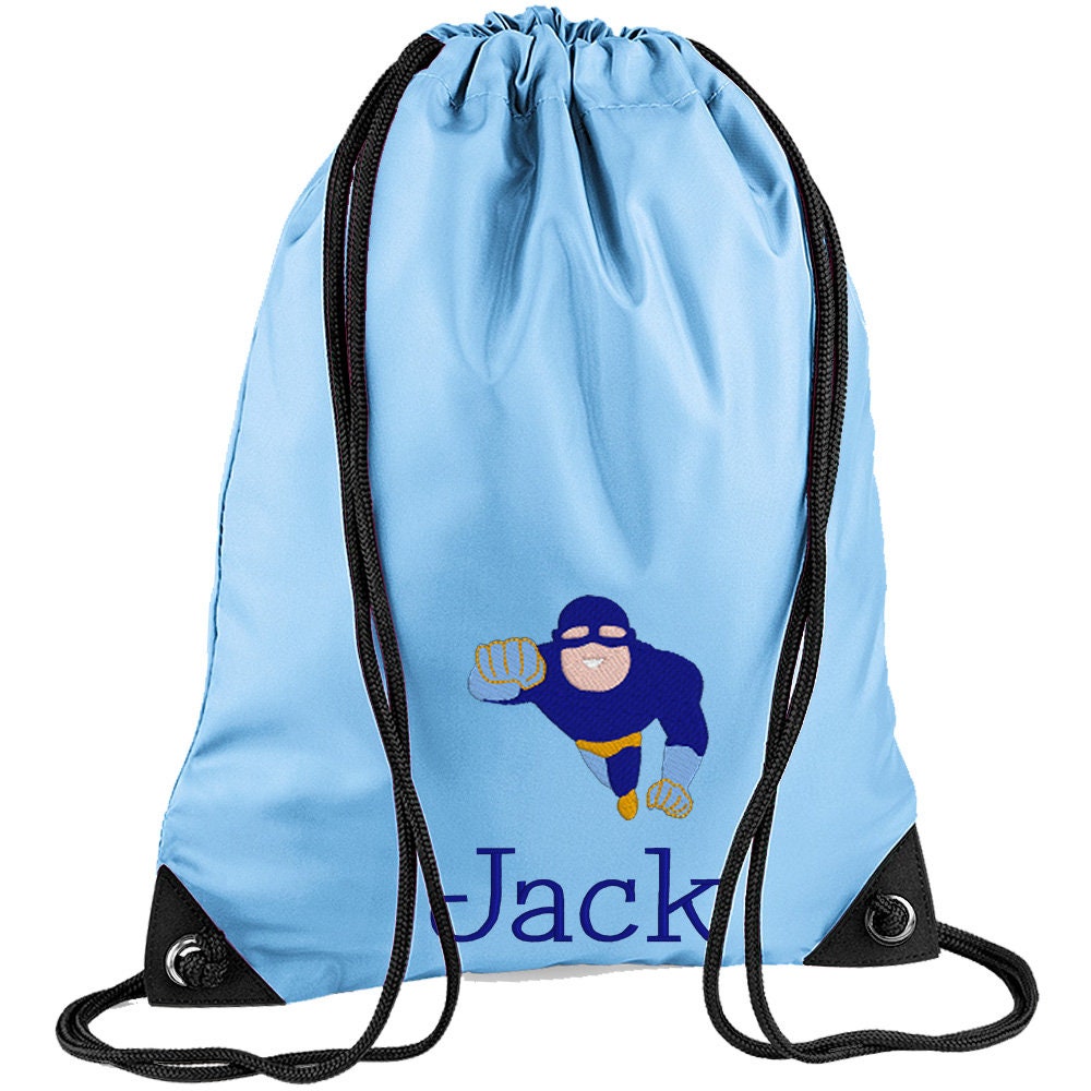 Embroidered Superhero Flying Personalised PE Bag, Kit Bag Drawstring Bag
