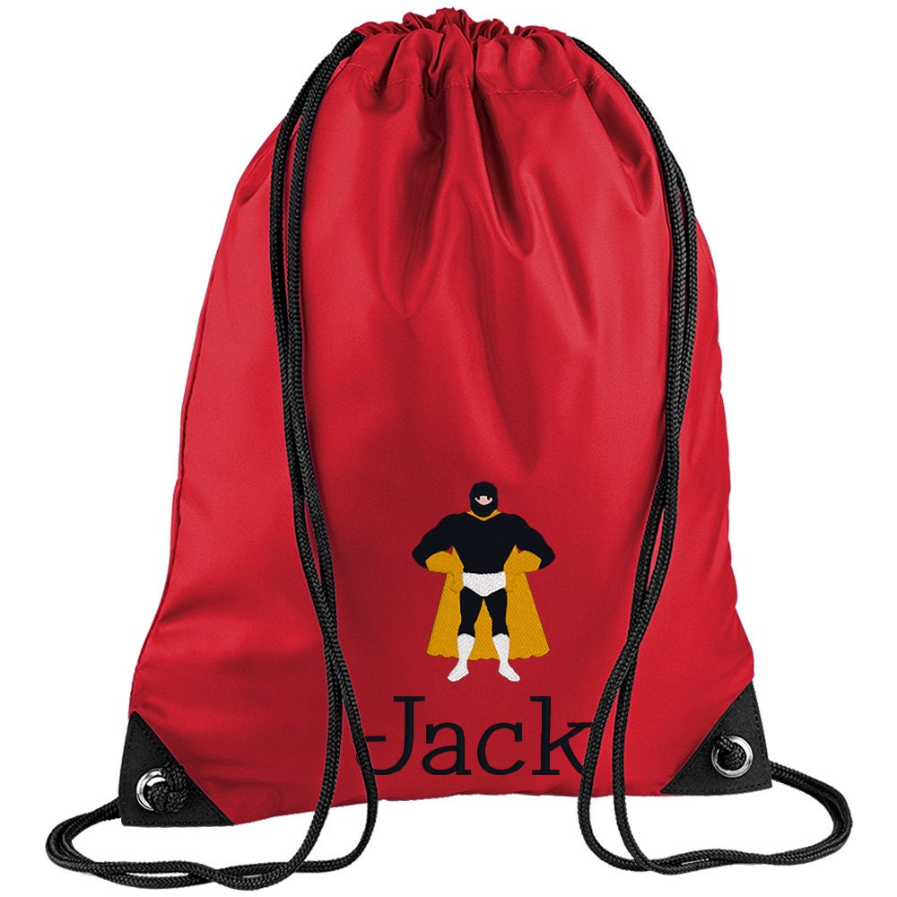 Embroidered Superhero Standing Personalised PE Bag, Kit Bag Drawstring Bag