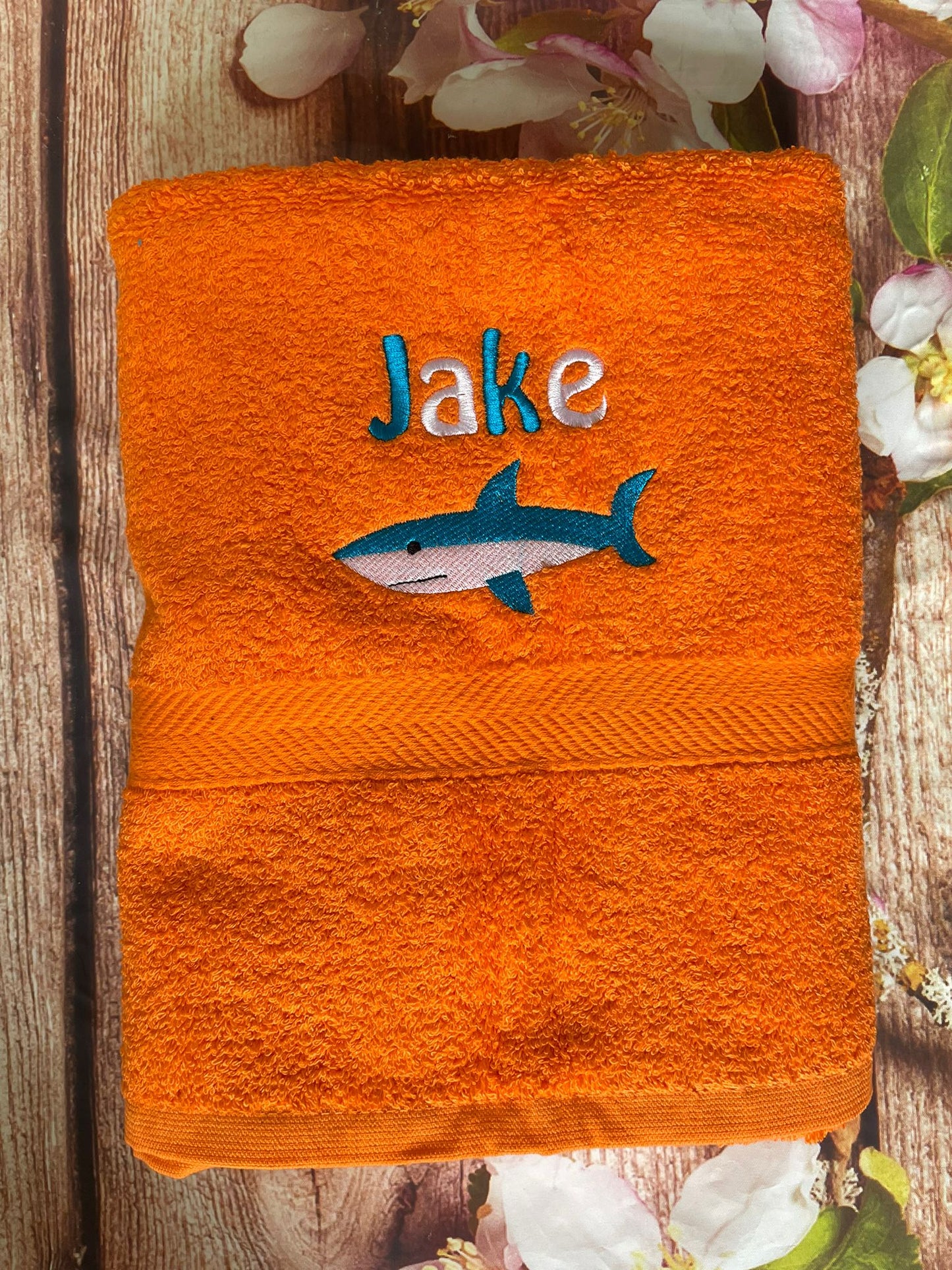 Personalised embroidered swimming or sports towel. Ideal gift // shark