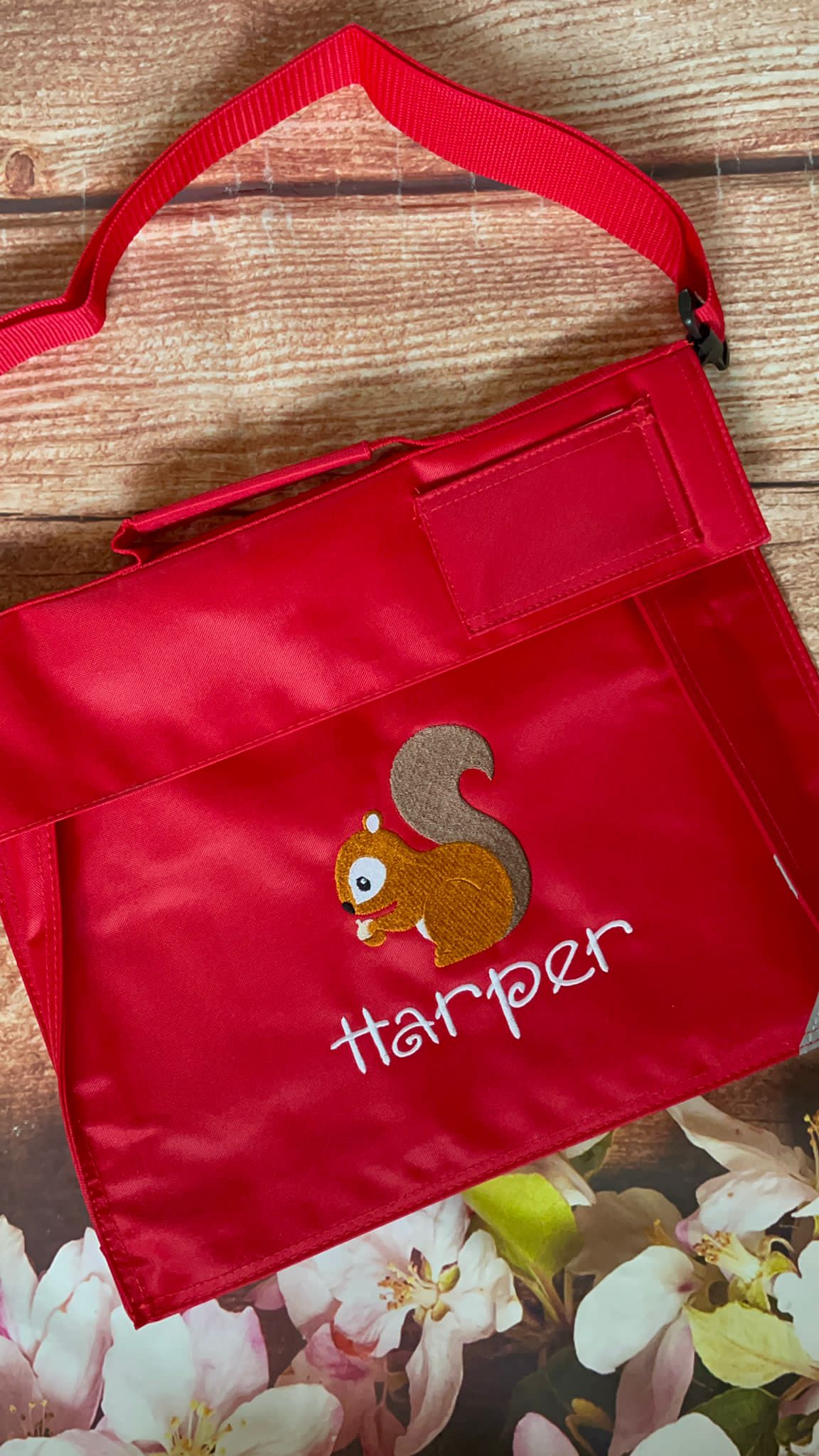Embroidered Bookbag with strap - squirrel