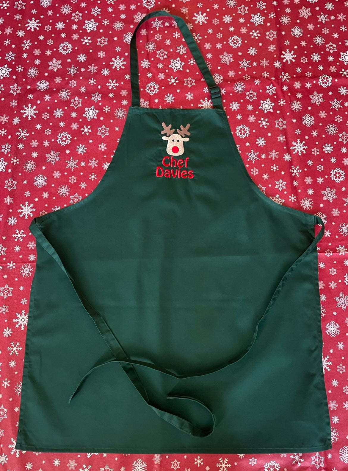 Christmas Embroidered apron, personalised with Rudolf & name. High quality