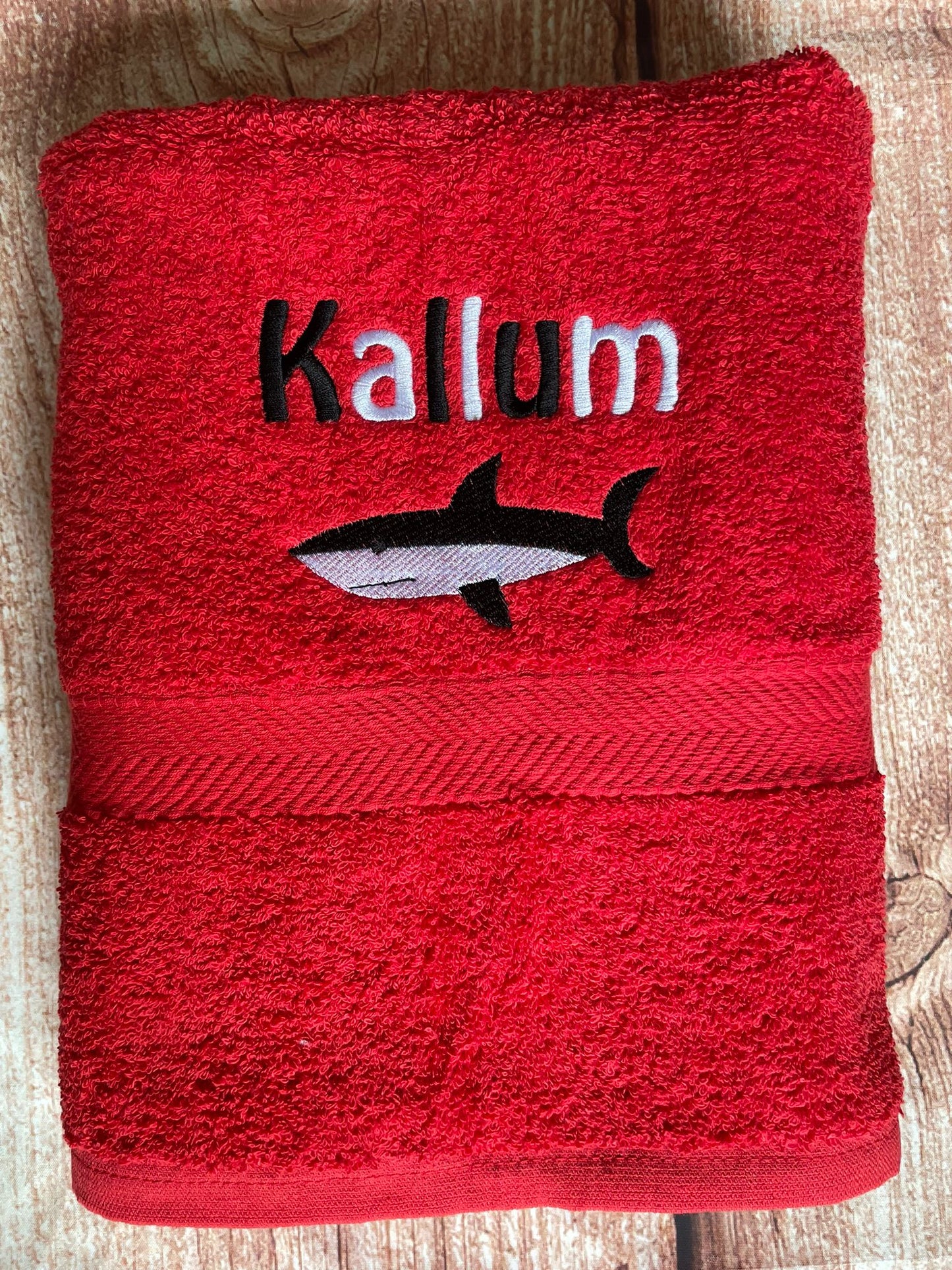 Personalised embroidered swimming or sports towel. Ideal gift // shark